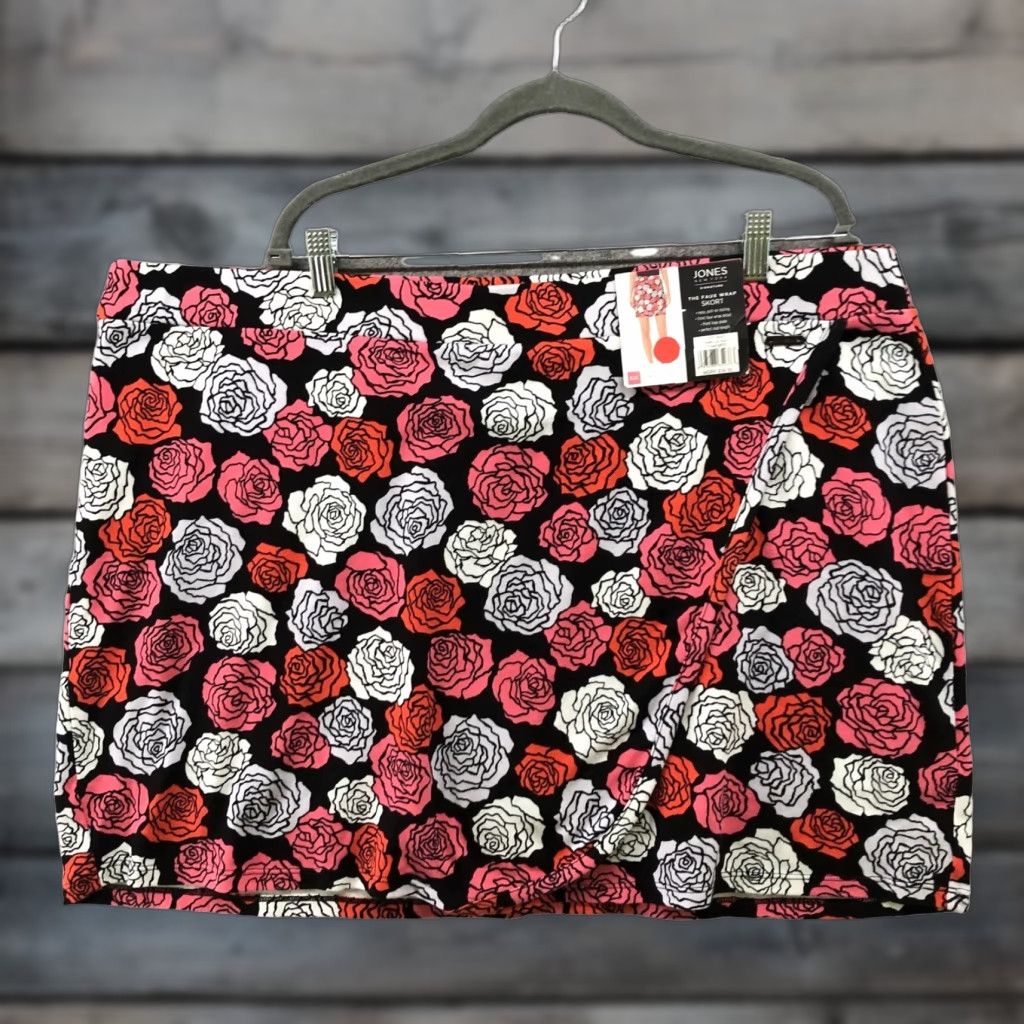 Jones New York NWT Jones New York Faux Wrap Skort Womens XXL Pink Floral Cotton Knit Midi Skort Elastic Waist Wrap Style Casual Size 40" / US 18 - 1 Thumbnail