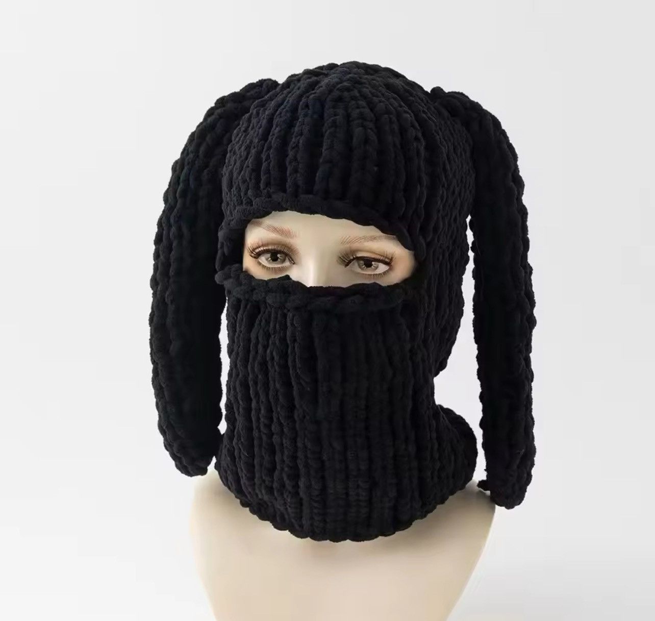 Japanese Brand × Vintage Knitted bunny ear black balaclava (with out ring) Size ONE SIZE - 2 Thumbnail