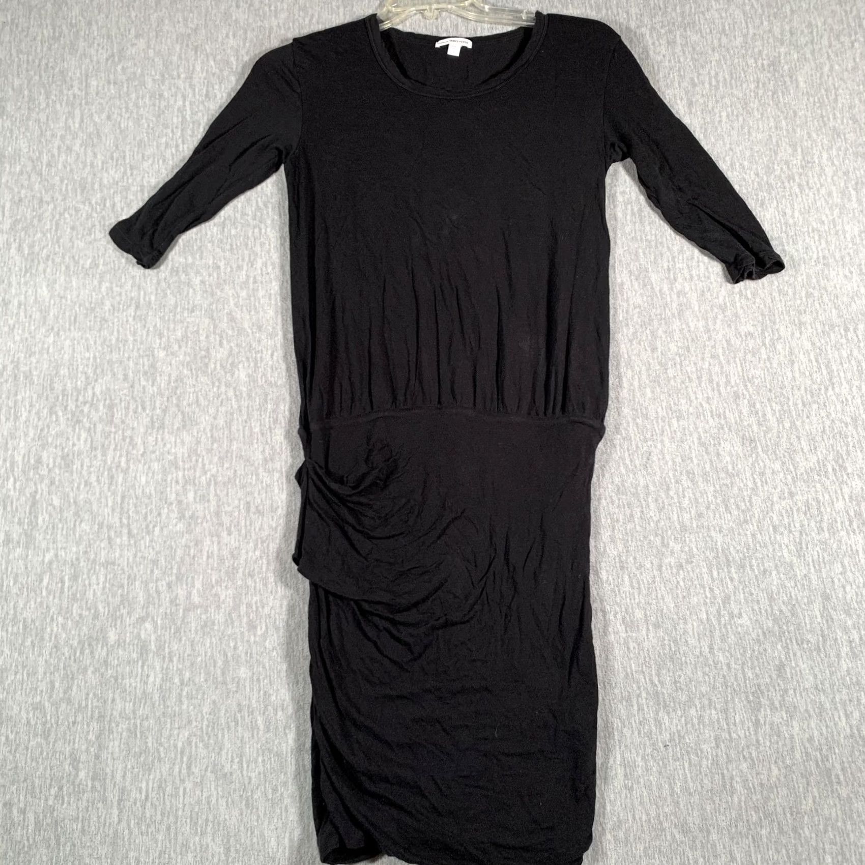 James Perse VINTAGE James Perse Dress Womens Small Black Ruched Midi 3/4 Sleeve Knit Casual WUC6734 Size XS / US 0-2 / IT 36-38 - 2 Thumbnail