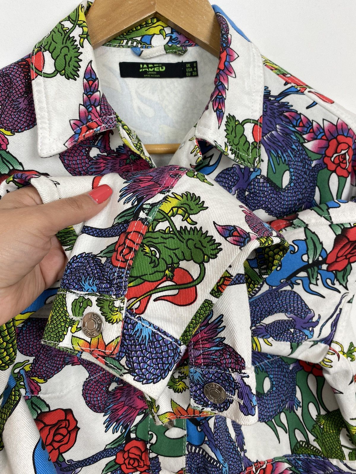 Other Jaded London Cropped Oversized Denim Jacket In Dragon Print Size S / US 4 / IT 40 - 6 Thumbnail