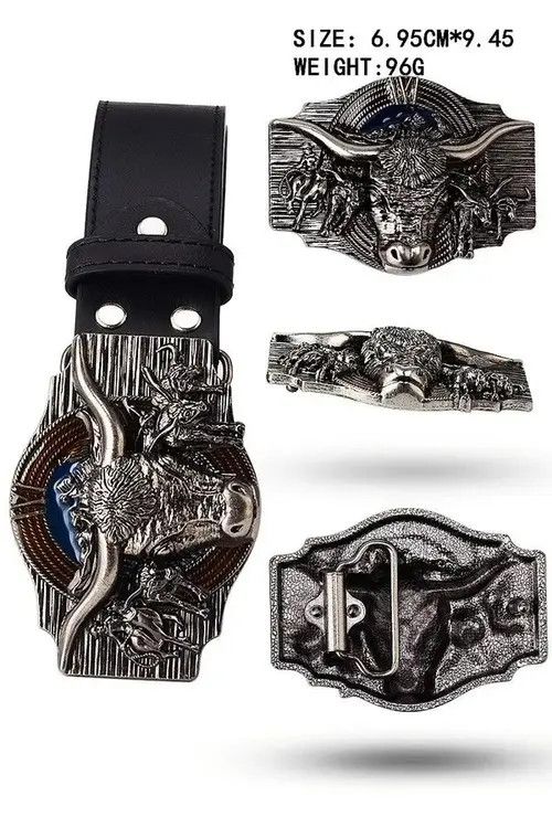 Indigo × Japanese Brand Belts Skull Bull Ox Horn Men Leather Belt Size ONE SIZE - 2 Thumbnail