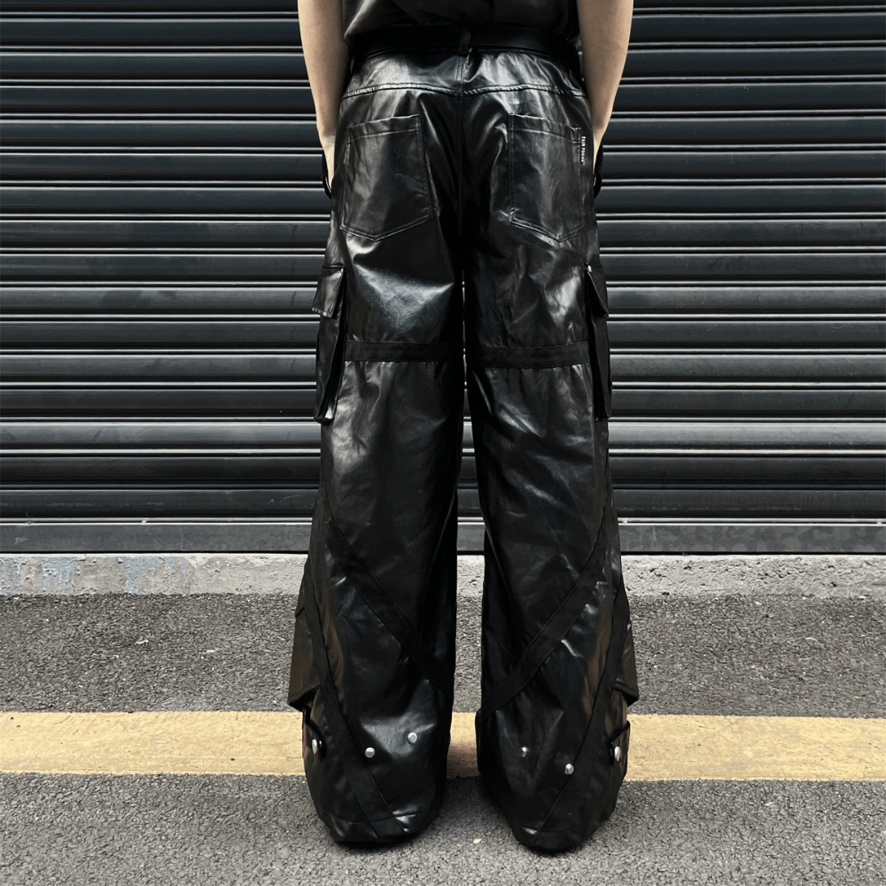 Leather Black Cargo Baggy Stacked Flare Faux Leather Jeans Size US 32 / EU 48 - 5 Thumbnail