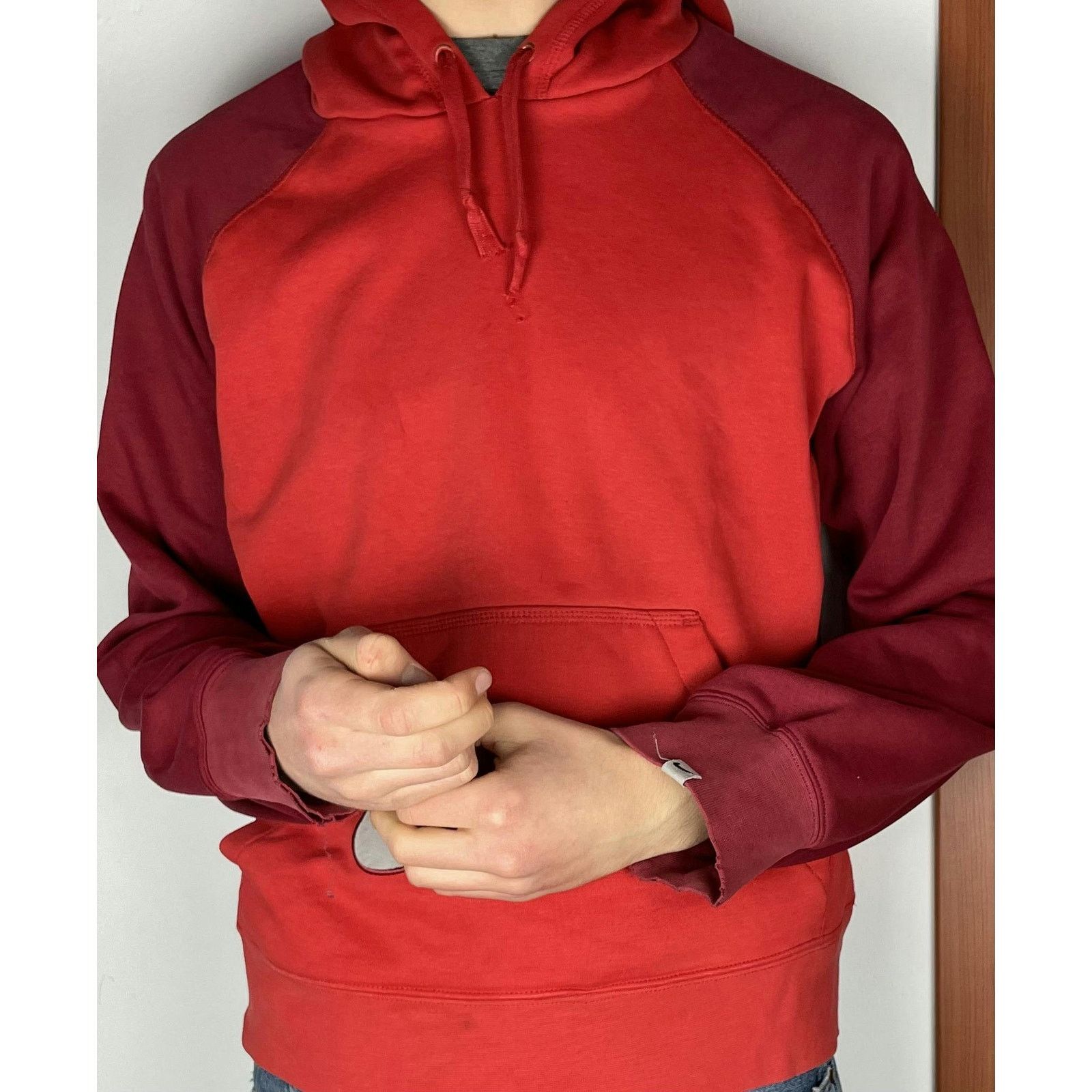 Nike × Vintage Nike Red Fleece Swoosh Raglan Sleeve Pullover Hoodie L Size L / US 10 / IT 46 - 2 Thumbnail
