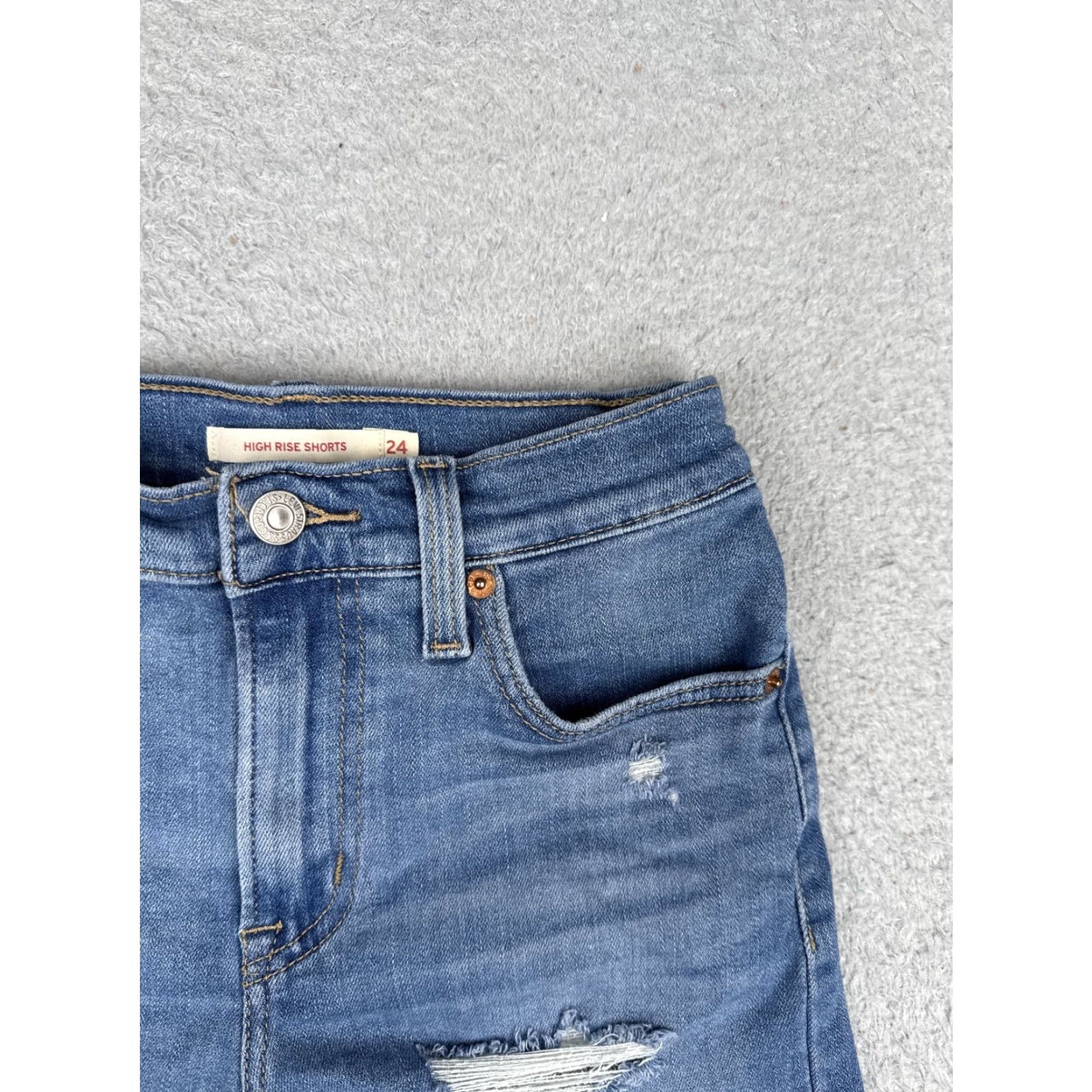 Levi's Levis High Rise Shorts Womens 24x3 Blue Distressed Denim Cutoff Raw Hem Frayed Size 42" / US 20 - 5 Thumbnail