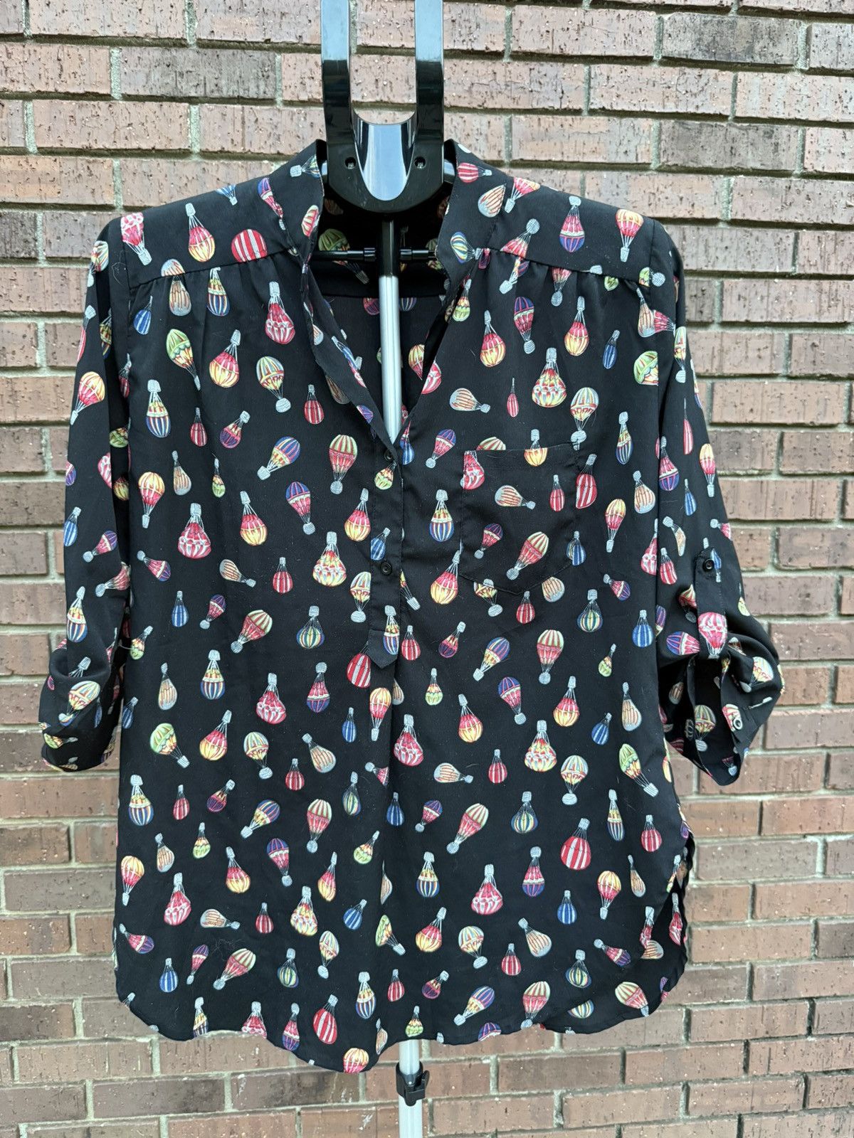 Other CALS Cal Style Hot Air Balloon Black Blouse Roll Tab Sleeve Size L / US 10 / IT 46 - 1 Thumbnail