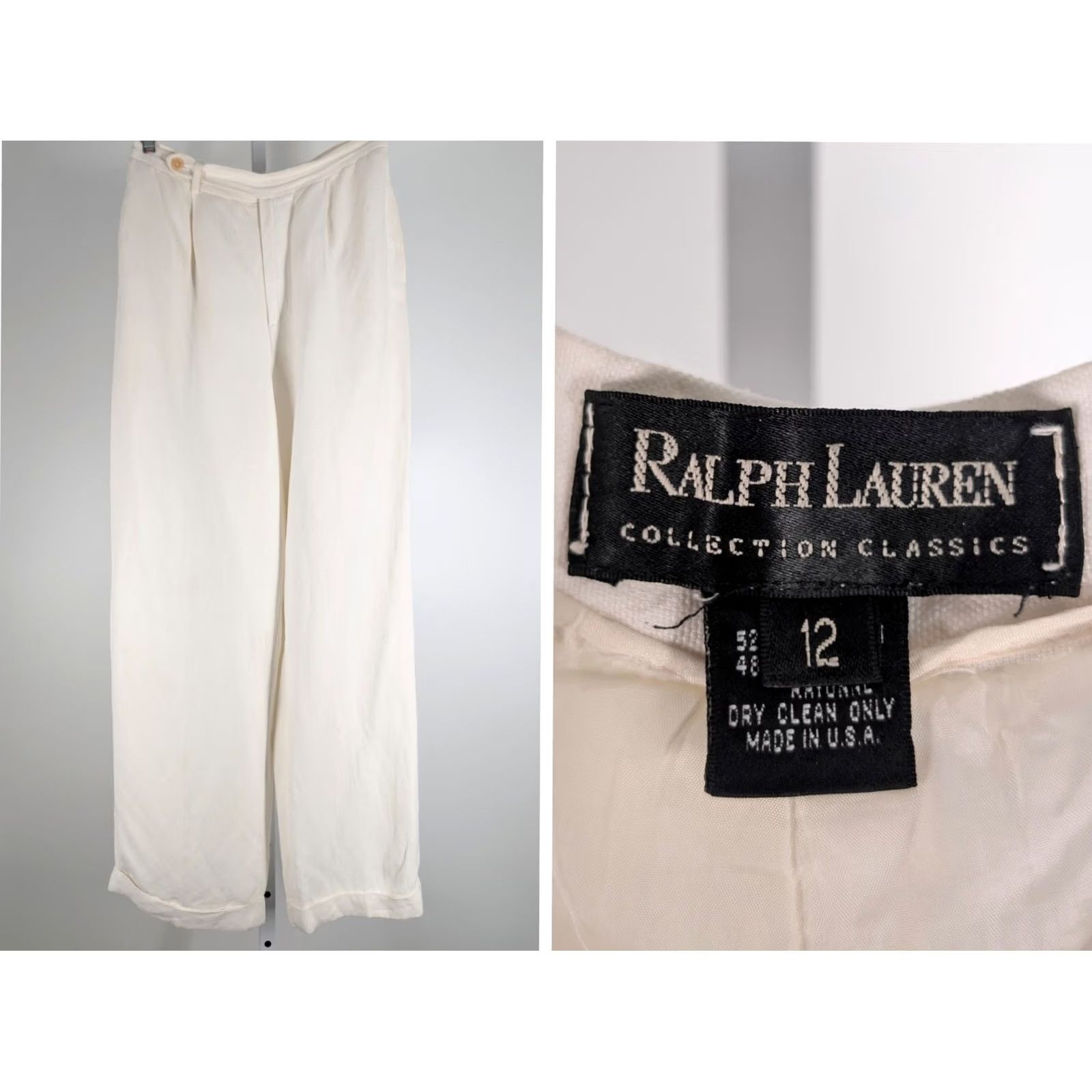 Ralph Lauren VINTAGE Ralph Lauren Collection Classics USA Linen Pants Ivory Wide-Leg 12 Vintage 90s Womens Size 34" / US 12 / IT 48 - 2 Thumbnail