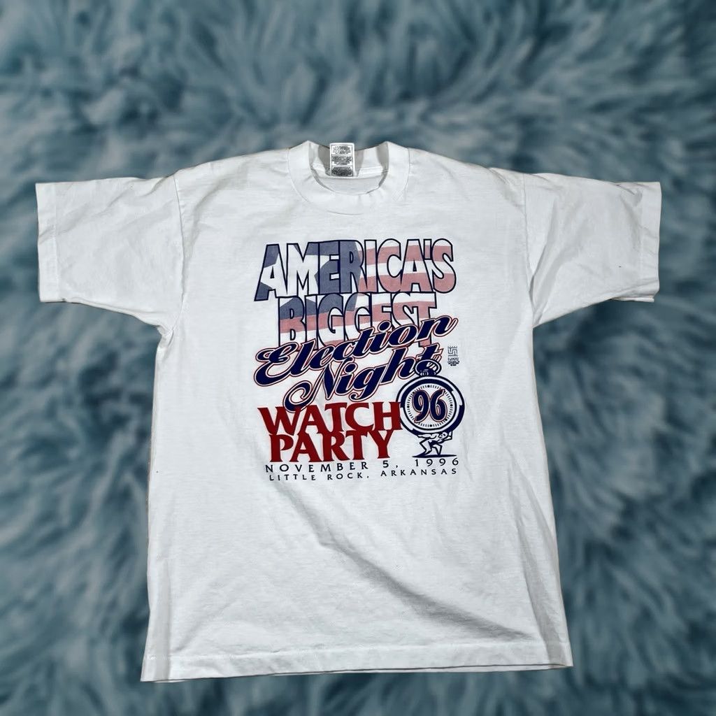 Fruit Of The Loom VINTAGE American Biggest Election Night Watch Party Tshirt Single Stitch Shirt Mens L White Stitch 1996 Size US L / EU 52-54 / 3 - 1 Thumbnail