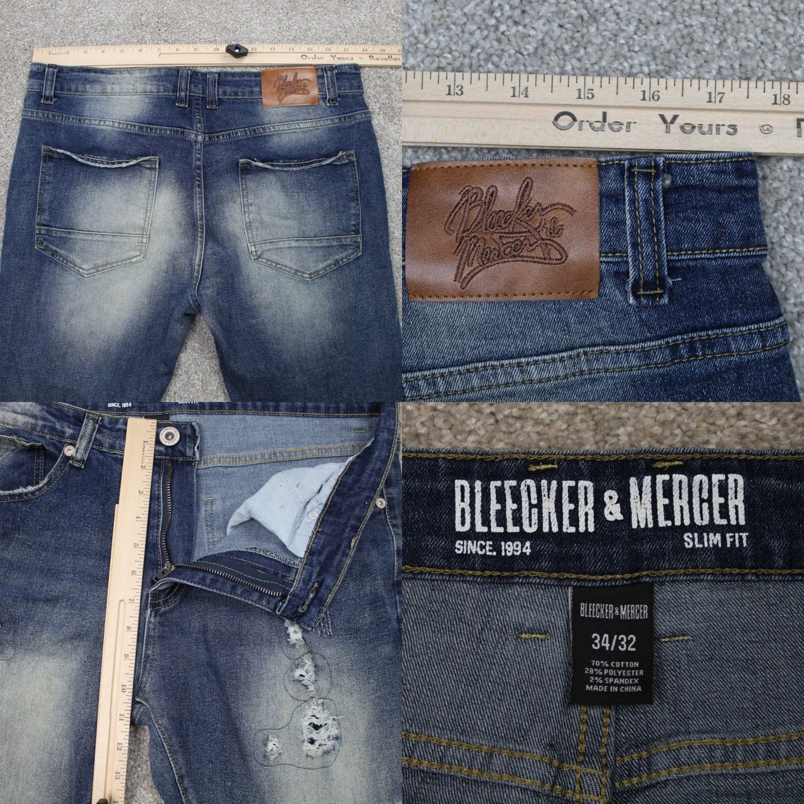 Vintage Bleecker & Mercer Jeans Men 34x32 Blue Slim Distressed Stretch Denim Straight Leg 5-Pocket Size US 34 / EU 50 - 8 Thumbnail