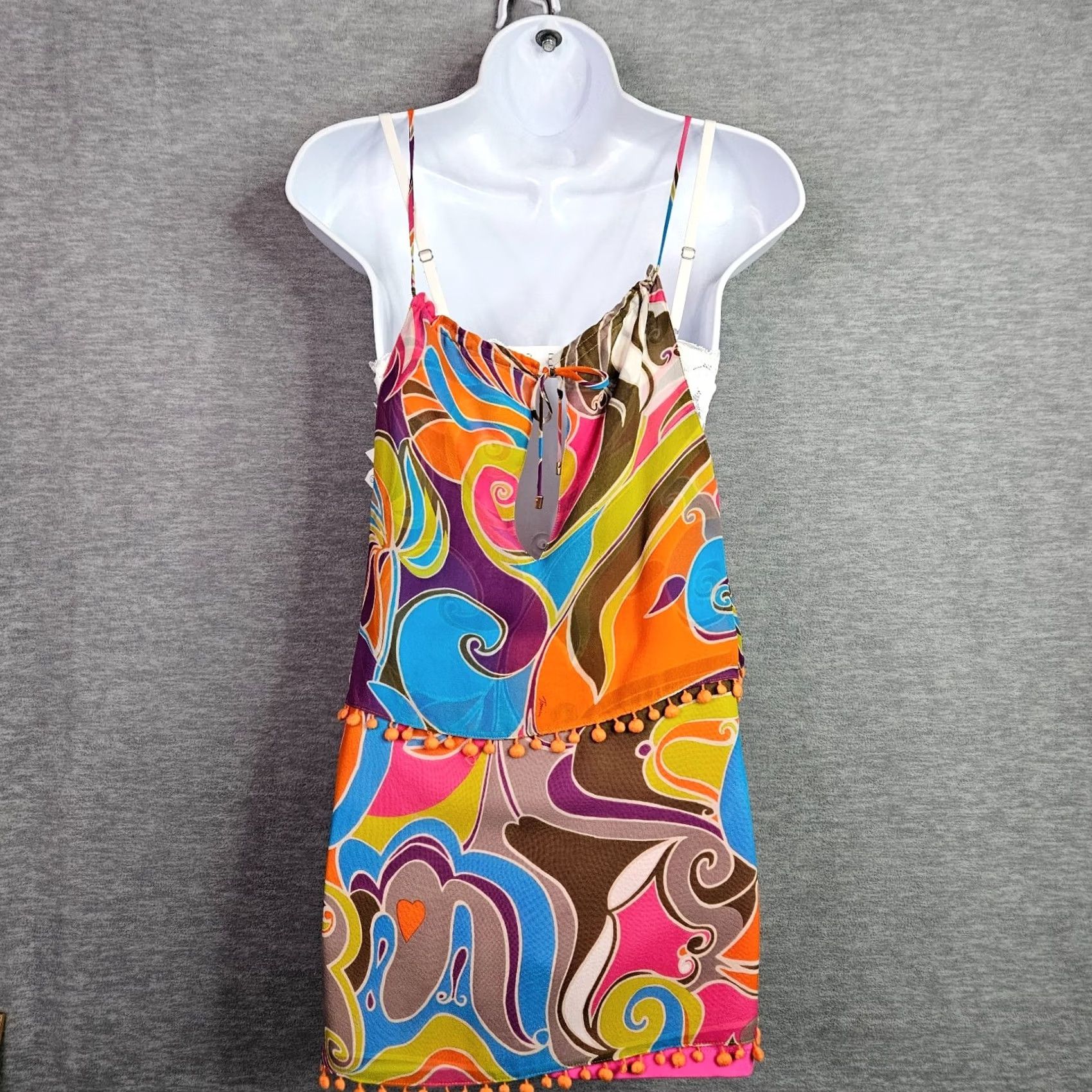 Trina Turk Trina Turk Women's XS Silk Colorful Psychedelic Cami Top Pom Pom Trim Lined Size XS / US 0-2 / IT 36-38 - 2 Thumbnail