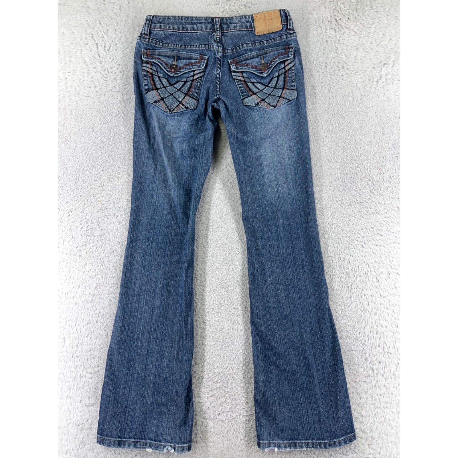Vintage Premiere Jeans Women 1 Blue Denim Flared Low Rise 5-Pocket Distressed Embroidered Rhinestone Studded Cotton Blend Slim Vintage: No Size 25" / US 0 / IT 36 - 3 Thumbnail