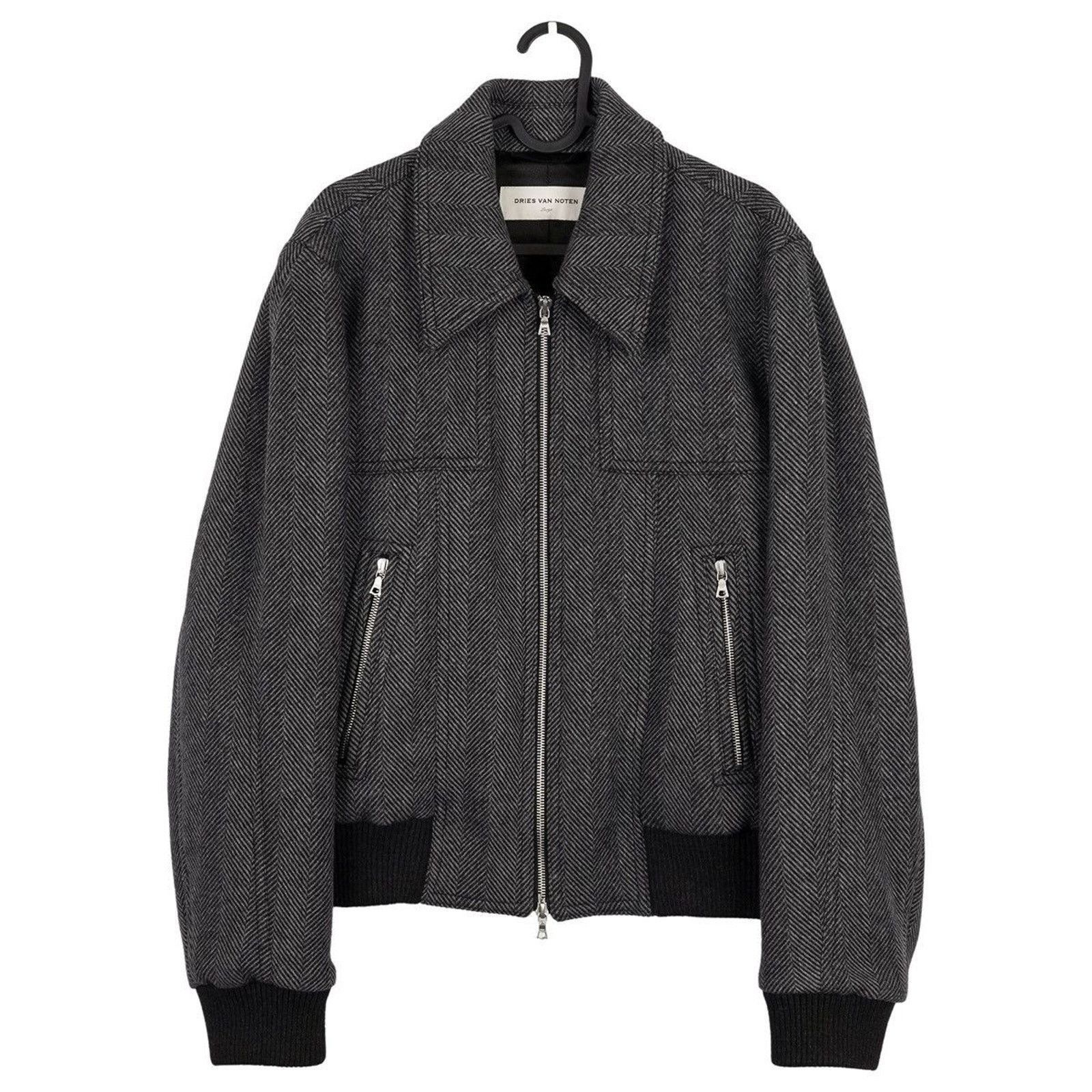 Dries Van Noten Dries Van Noten Mens Herringbone Wool Gray Zip Bomber Jacket Size US L / EU 52-54 / 3 - 1 Thumbnail