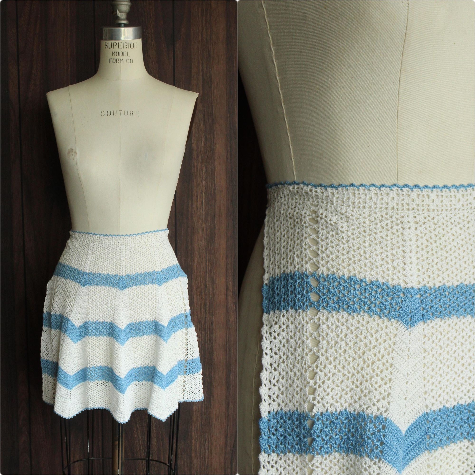 Vintage Vintage 1950s 1960s Half Apron, Crocheted in White and Blue, Size ONE SIZE - 1 Thumbnail