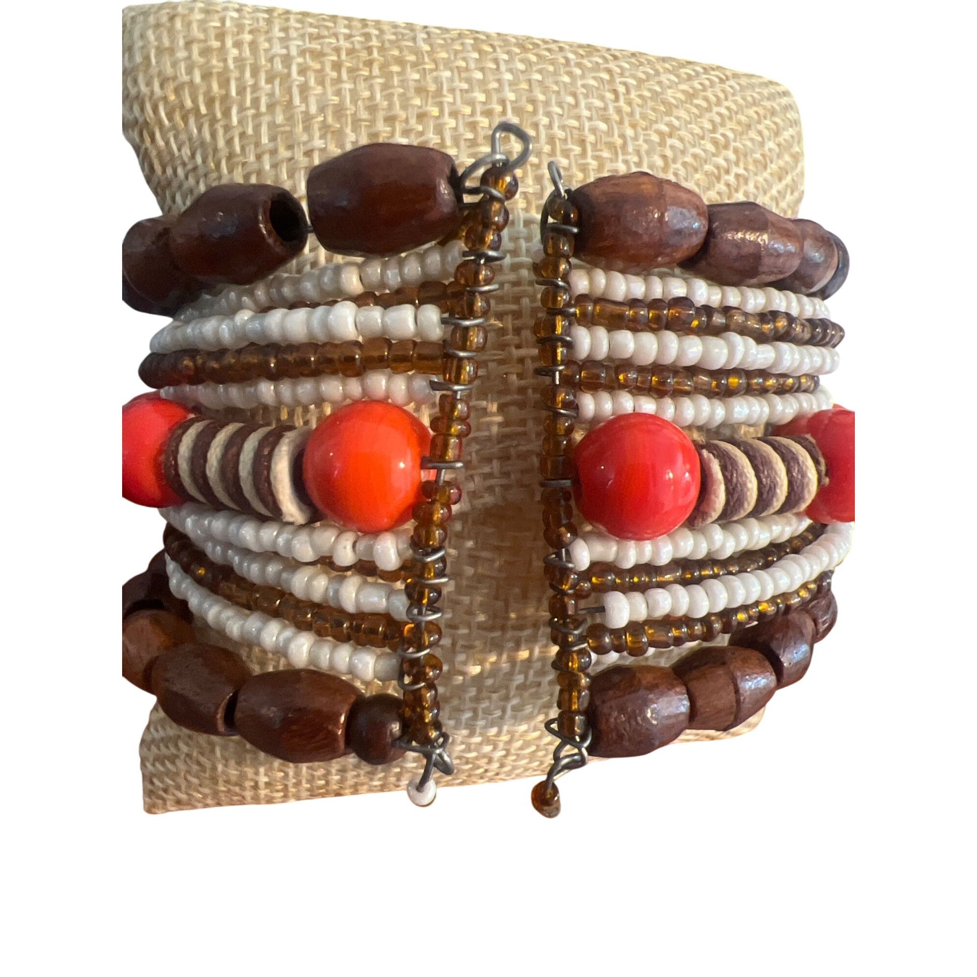 Other Vintage Memory Wire Cuff Bracelet Wood Ceramic Beads Brown O Size ONE SIZE - 3 Thumbnail