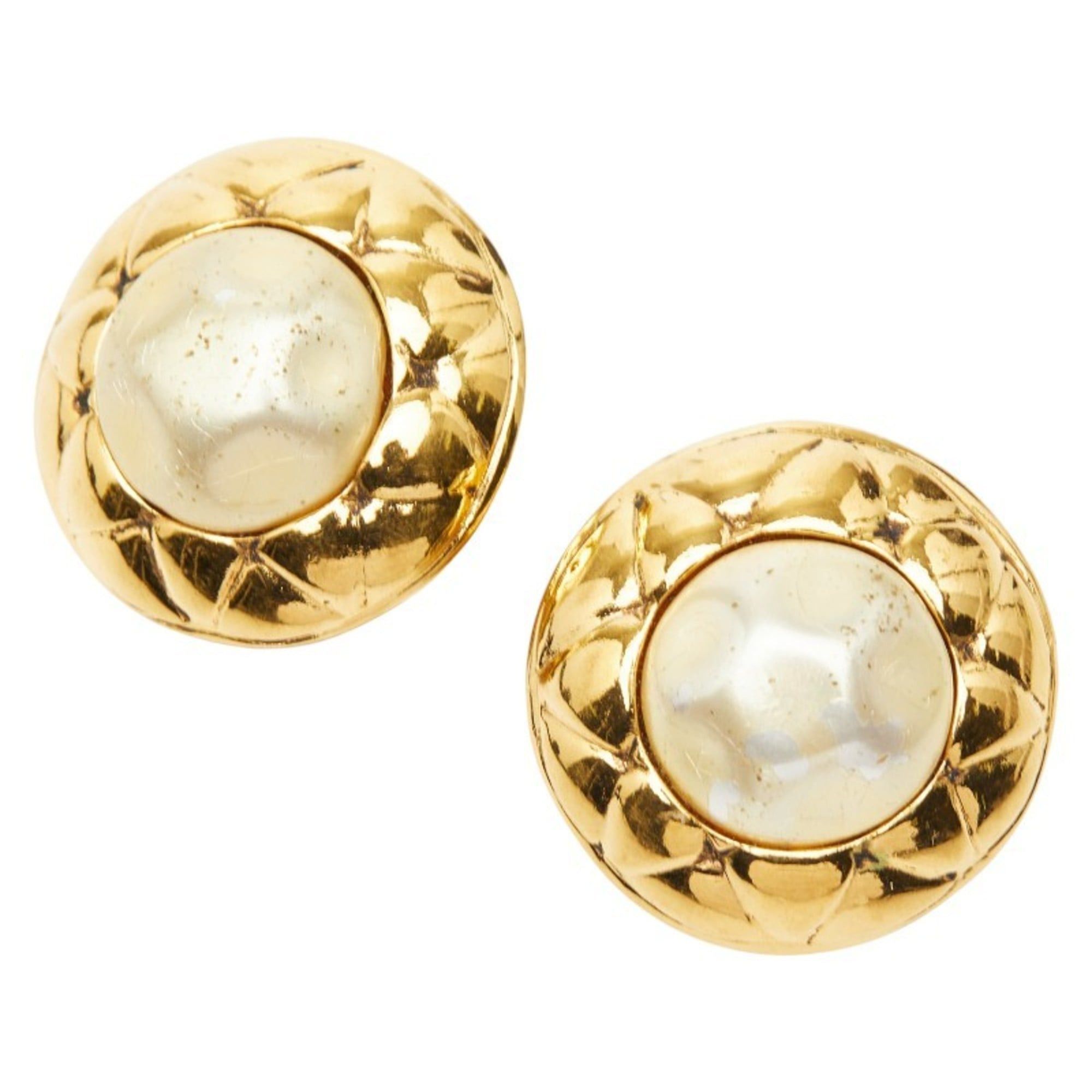 CHANEL Matelasse Pearl Round Earrings Gold Plated Faux Pearl Women's