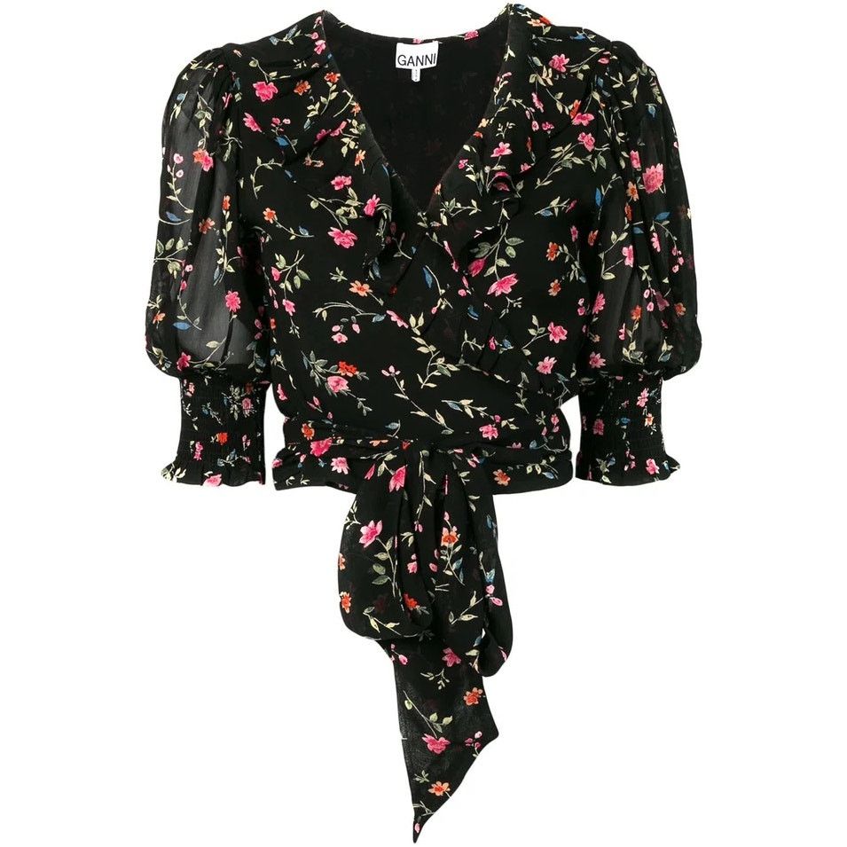 Ganni GANNI | Elm Floral Wrap Top in Black Pink Chiffon 36 / S Size S / US 4 / IT 40 - 10 Thumbnail