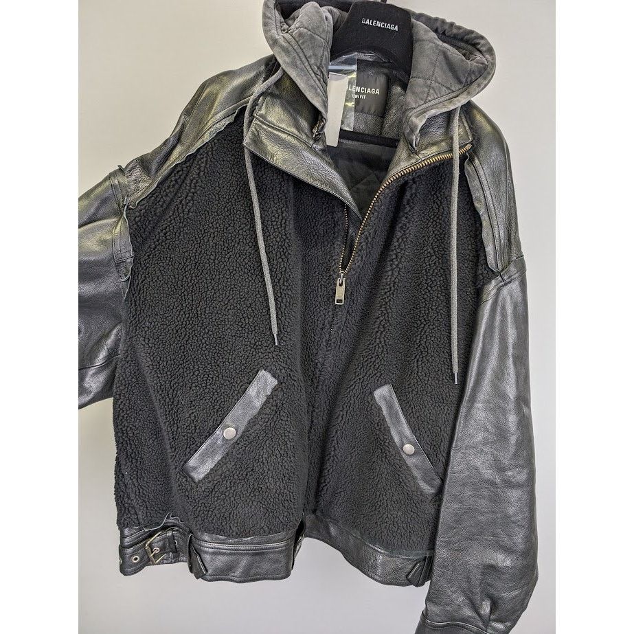 Balenciaga o1rshd1 Leather Sleeve Shearling Fleece Jacket in Black Size US XS / EU 42 / 0 - 9 Thumbnail