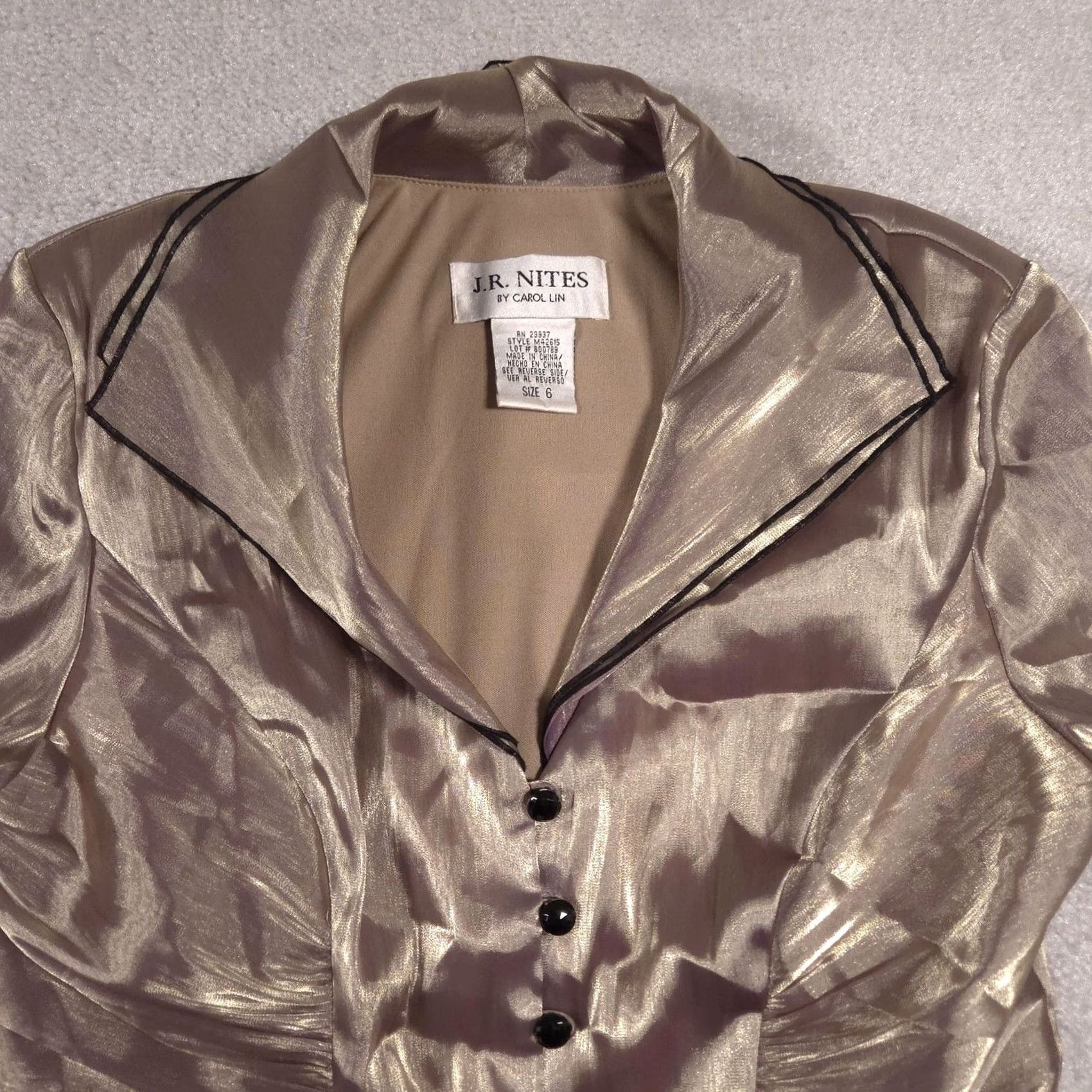 Vintage J.R. Nites Blazer Womens 6 Gold Metallic Shimmer Ruched Tuxedo Pleated Sleeve Jacket Size M / US 6-8 / IT 42-44 - 3 Thumbnail