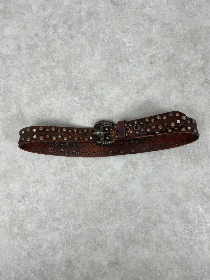 Roberto Cavalli 2000s Cavalli Dragon Claw Buckle Brown Studded Leather Belt Size ONE SIZE - 3 Thumbnail