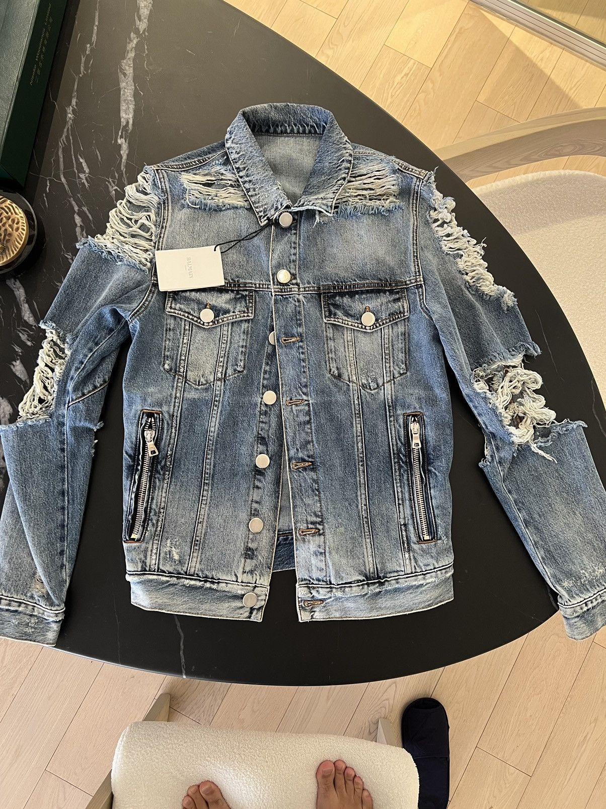 image of Balmain Edgy Distressed Denim Jacket in Blue, Men's (Size Small)