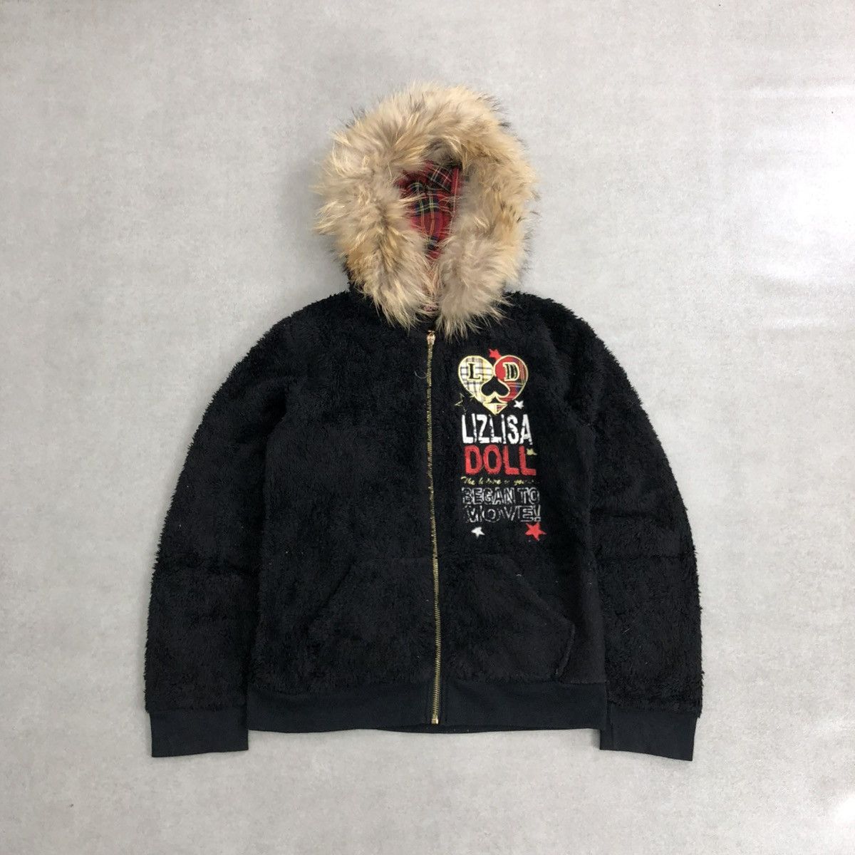 2000s Liz Lisa Doll Embroidery Punk Gothic Fur Flecee Jacket