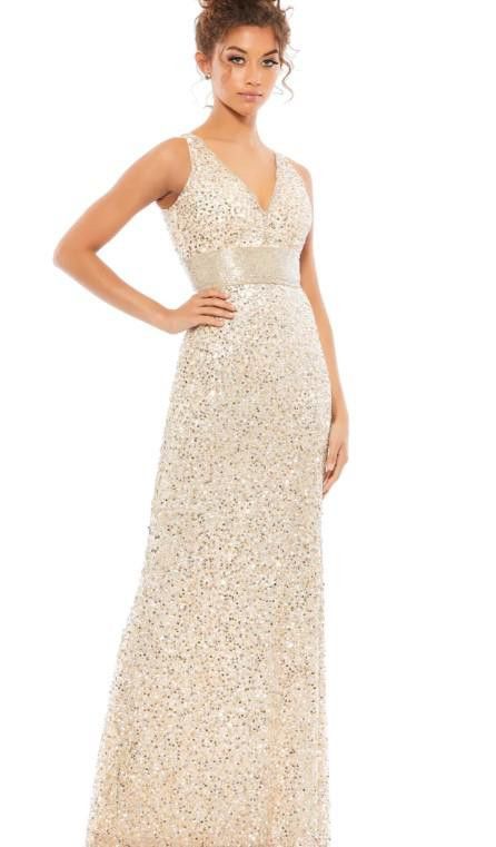 image of Designer New! Mac Duggal Sequined V Neck Column Gown Msrp $338 in Gold, Women's (Size XL)