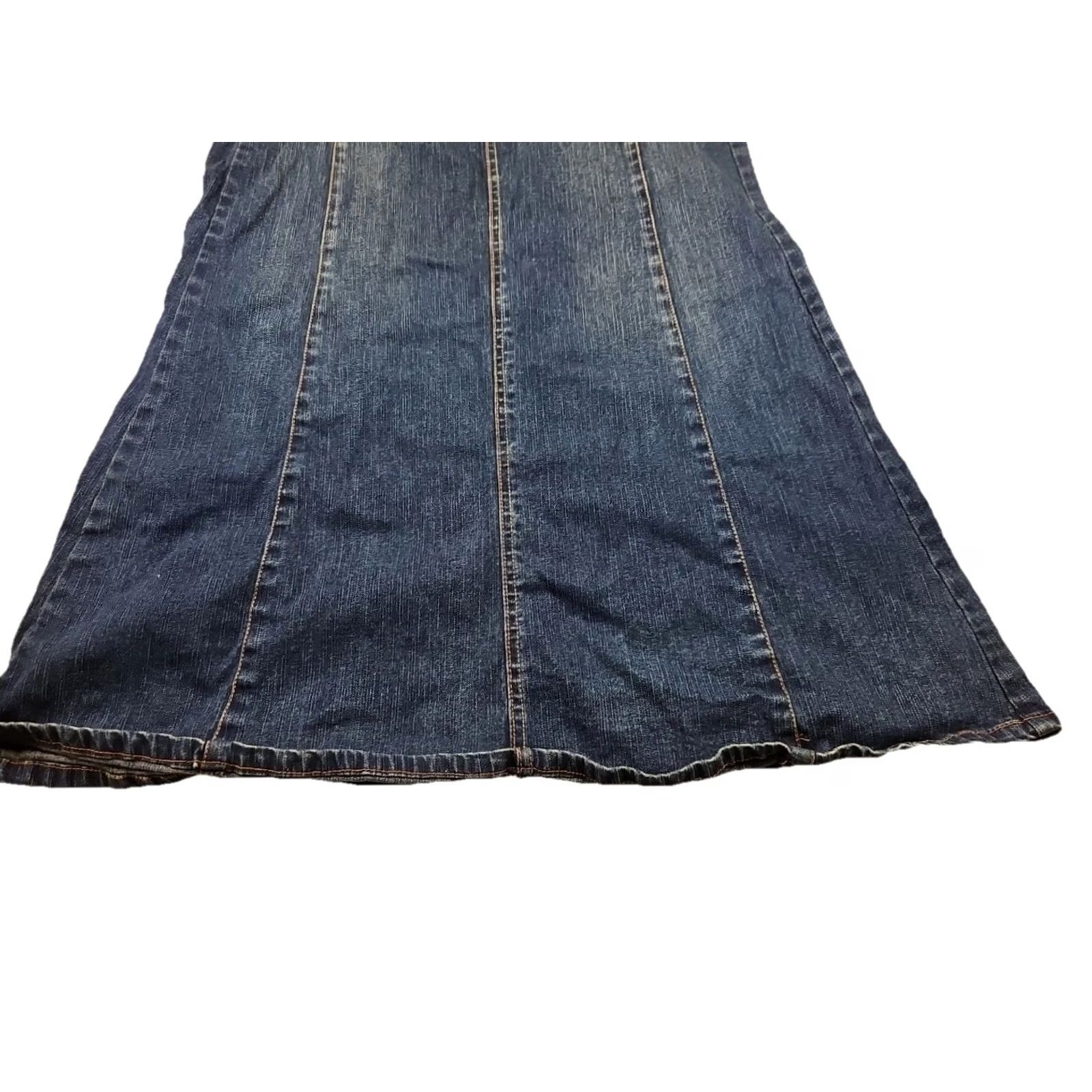 Vintage Y2K Denim Maxi Skirt 7/8 Blue Panel Boho Indie Flare Stretch Raw Hem 2000s Size 28" / US 6 / IT 42 - 3 Thumbnail