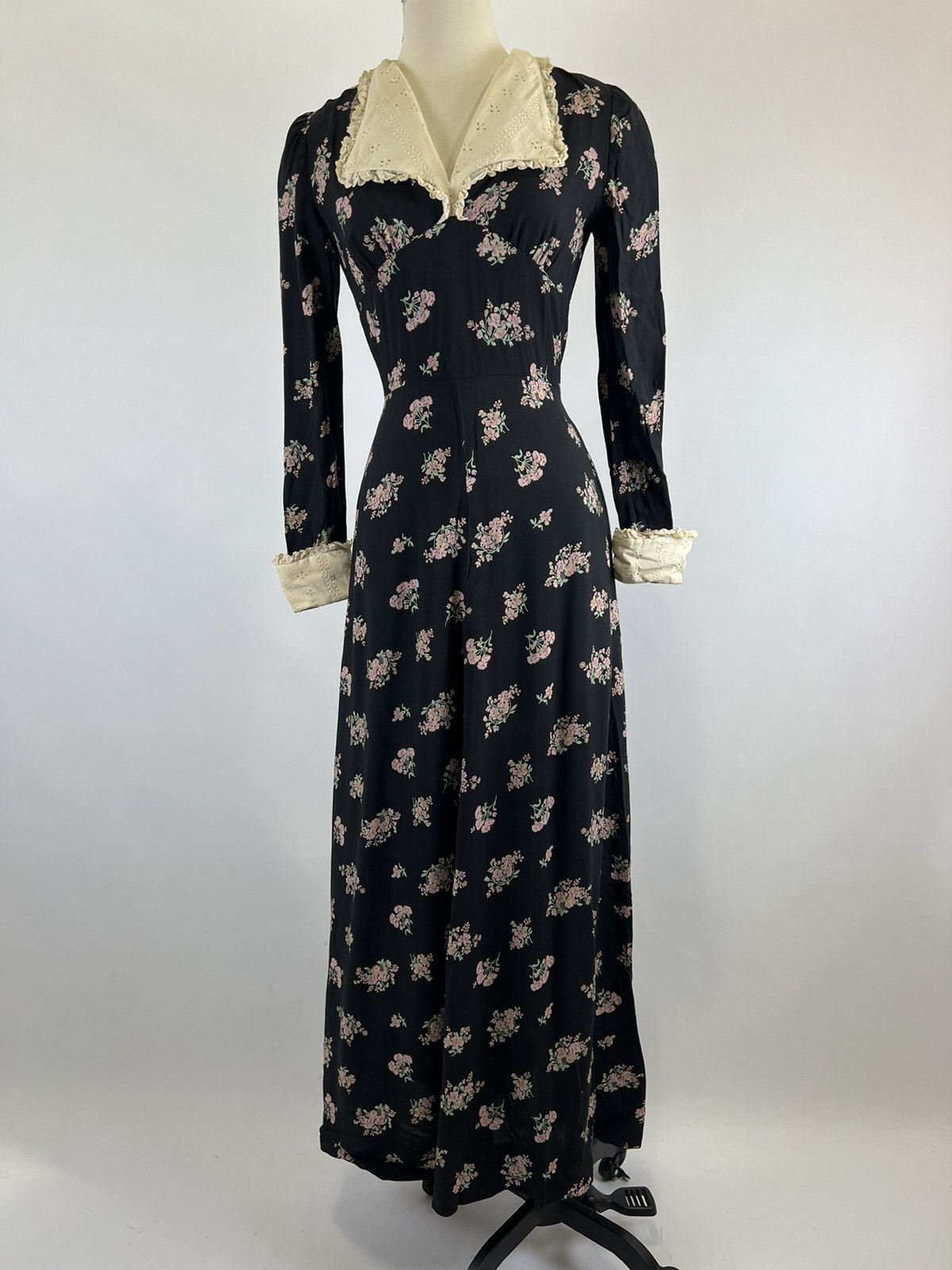 Image of Vintage 70's Black Floral Collared Along Sleeve Maxi Dress, Women's (Size Small)