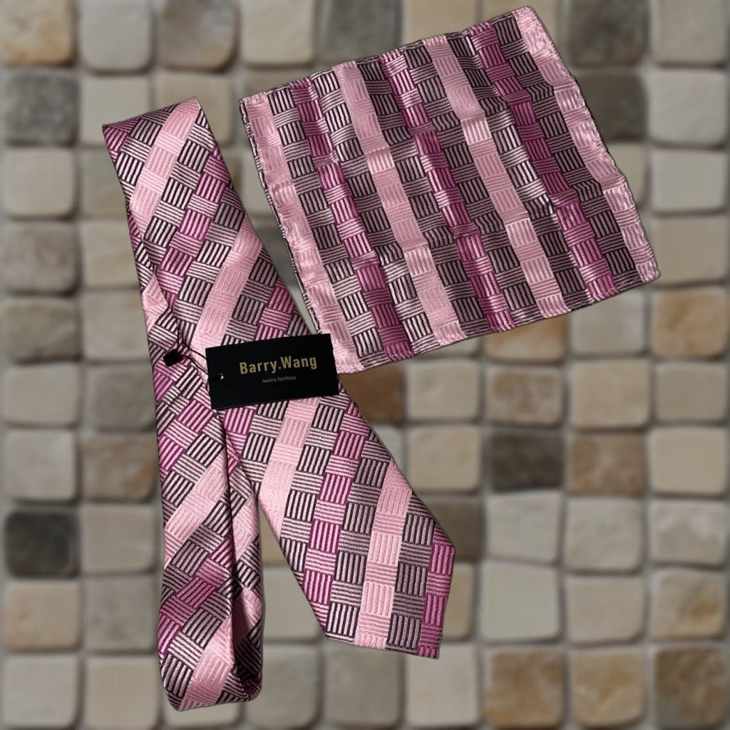 Vintage Barry Wang Designer Tie Set Men's Necktie Handkerchief Gray Pink 100% Silk NEW Size ONE SIZE - 1 Thumbnail