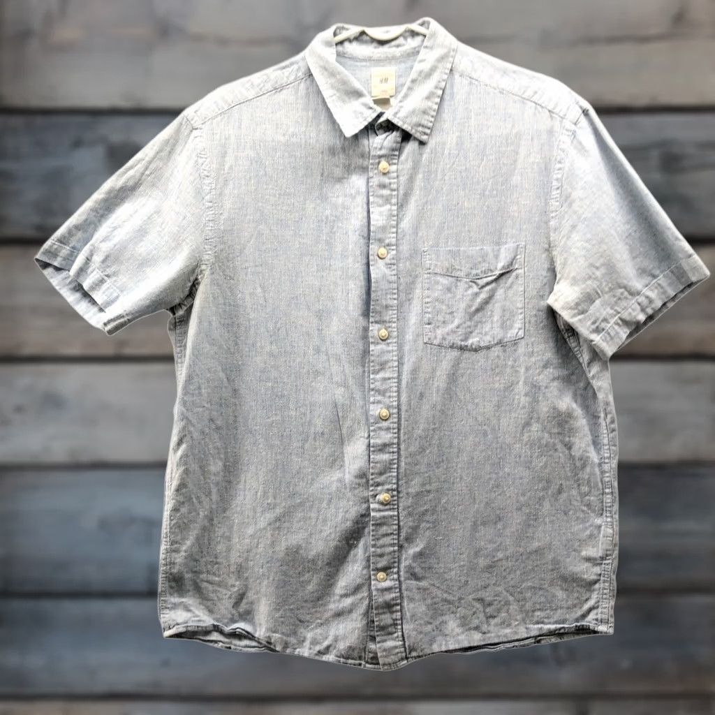 H&M H&M Cotton Linen Shirt Mens M Short Sleeve Button Up Light Blue Heather Size US M / EU 48-50 / 2 - 1 Thumbnail