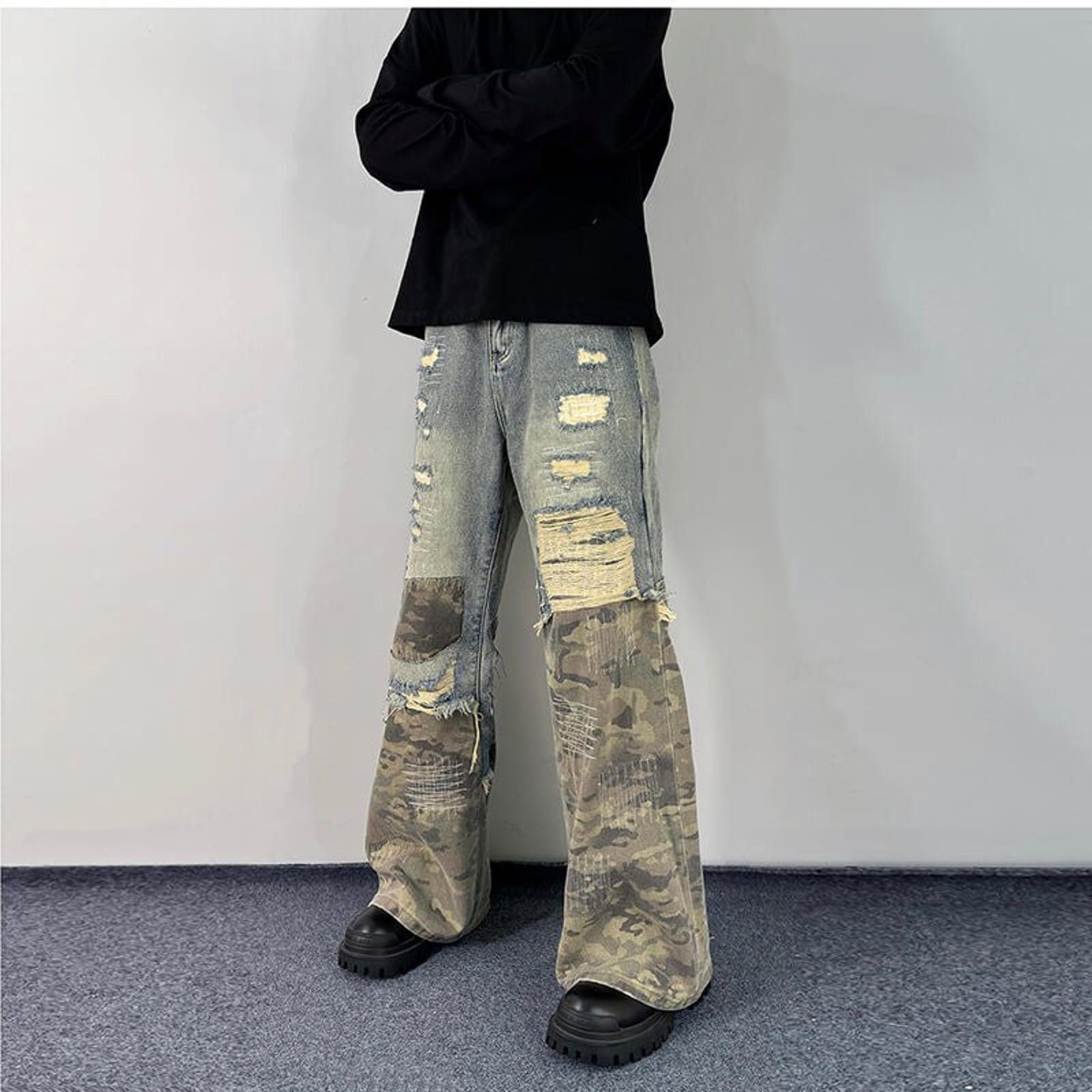 Distressed Camo Patchwork Flared Straight Leg Jeans