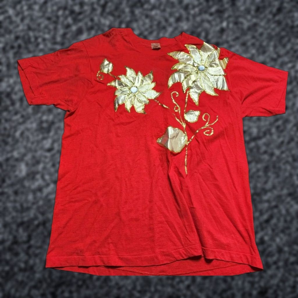 Fruit Of The Loom VINTAGE Fruit of the Loom Red Graphic Tee Mens 2XL Puff Paint Poinsettia Christmas 1980s Distressed Size US XXL / EU 58 / 5 - 1 Thumbnail