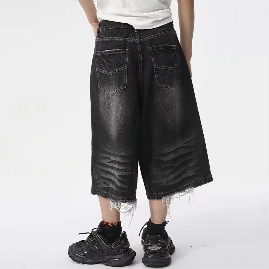 Japanese Brand × Vintage Baggy Denim Ripped Whiskers Thread Jorts Shorts y2k Size US 33 - 4 Thumbnail