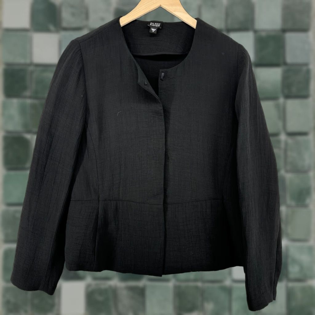 EILEEN FISHER Blazer S Black Silk Sponge Rayon Hidden Button Front Jacket