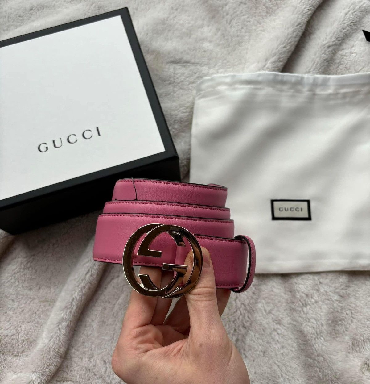 Gucci Gucci Pink / Silver Leather GG Belt Size 42 - 1 Thumbnail