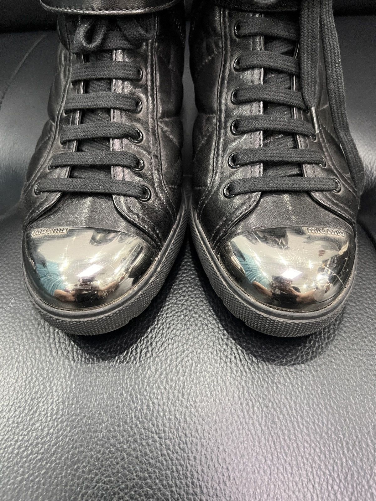 Miu Miu Miu Miu Metal Toe Lace-Up Wedge High-Top Boots Size US 7.5 / IT 37.5 - 5 Thumbnail