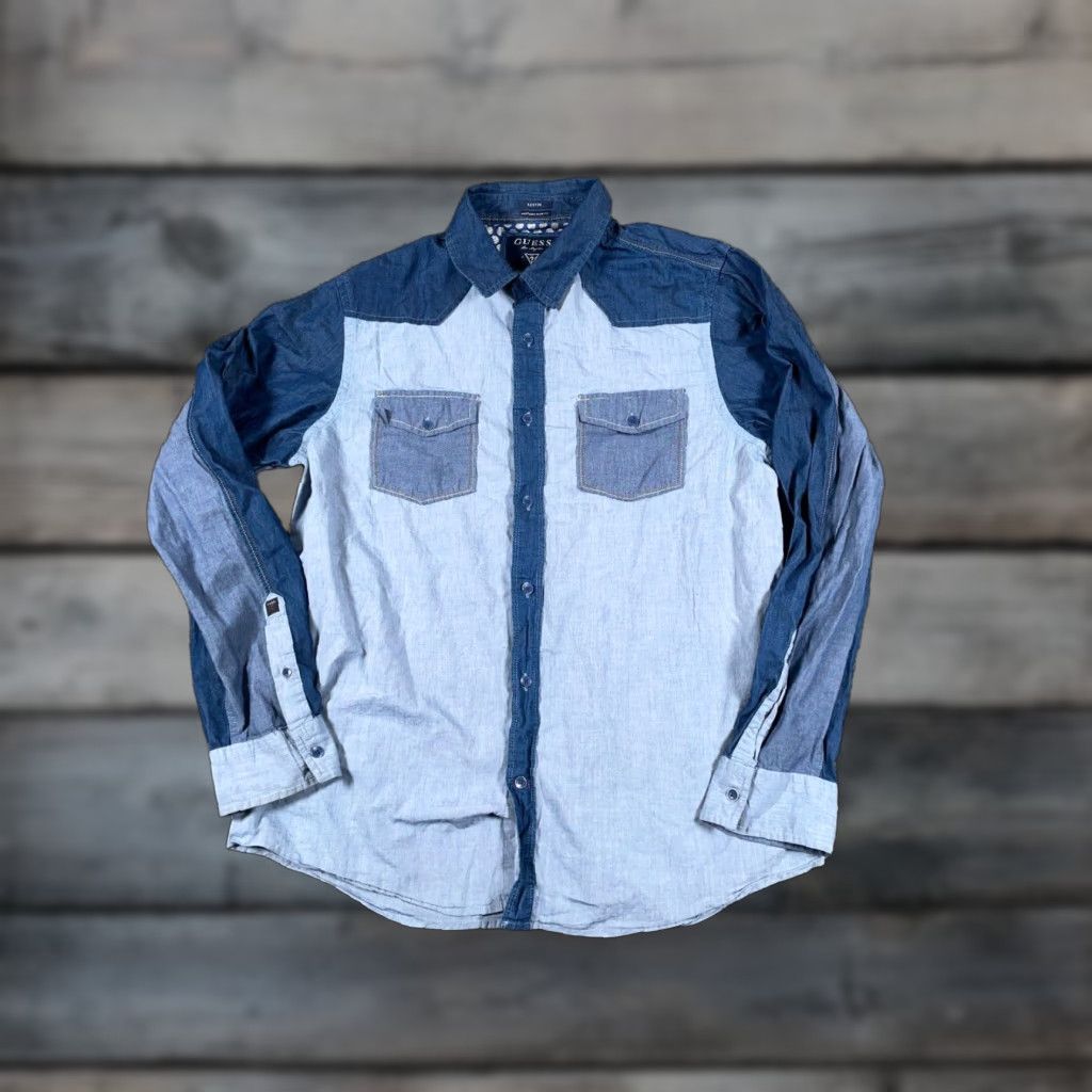Guess GUESS Blue Chambray Colorblock Shirt Adult XL Lightweight Western Button-Up Mens Size US XL / EU 56 / 4 - 1 Thumbnail