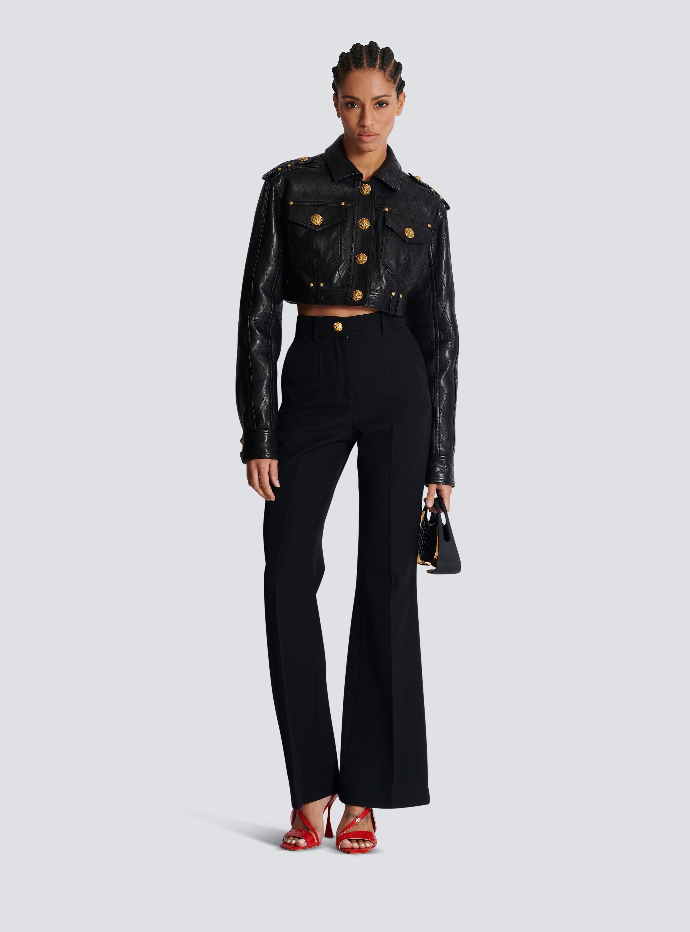 Balmain o1s1wg110725 Topstitched Cropped Leather Jacket in Black Size XL / US 12-14 / IT 48-50 - 7 Thumbnail