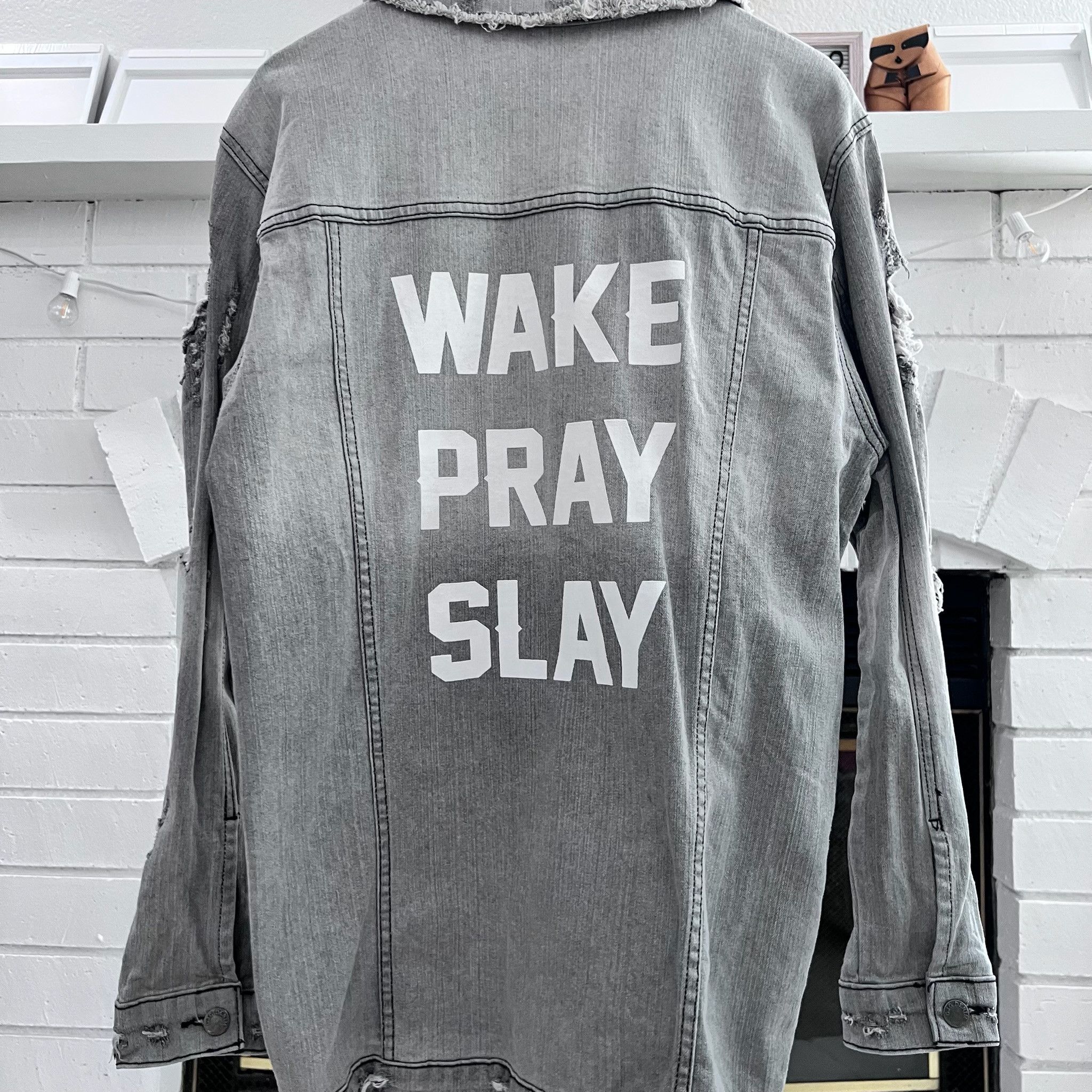 Other Wake Pray Slay Gradient Gray Distressed Denim Jacket Size US S / EU 44-46 / 1 - 4 Thumbnail