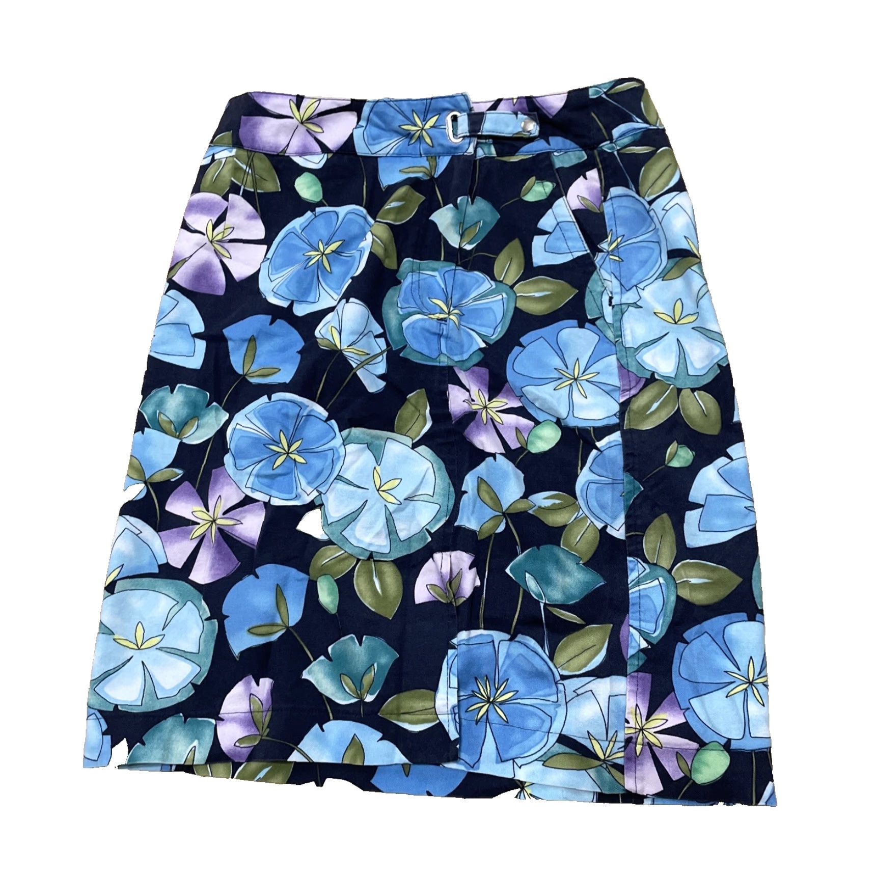Talbots VINTAGE Talbots Skirt Hawaiian Floral Midi Cotton Canvas Belted Blue Green Black Women 2 Regular Summer Spring Womens Size 26" / US 2 / IT 38 - 2 Thumbnail
