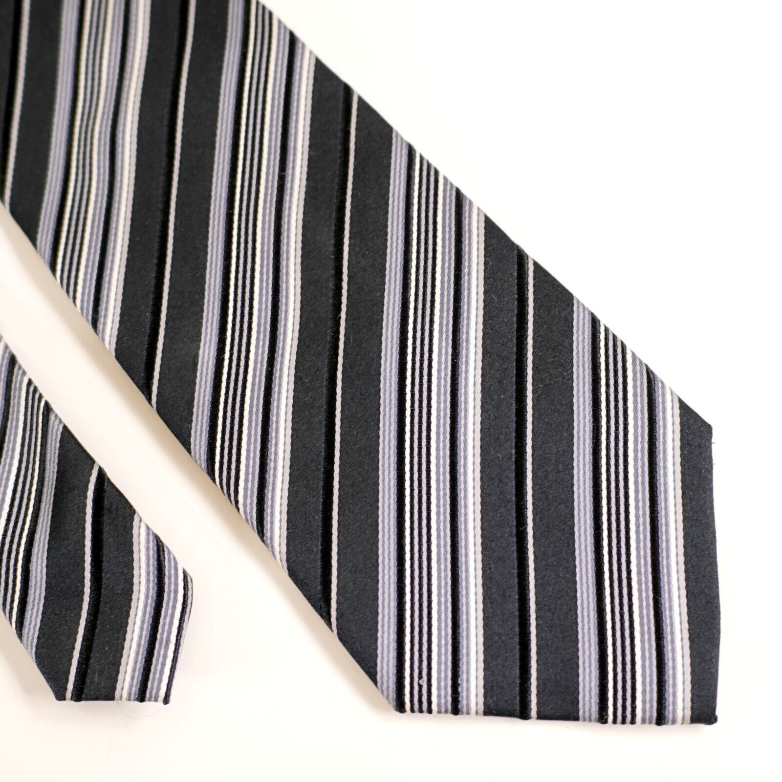Vintage Vesuvio Napoli Italy Woven Gray Black Striped Long Silk Tie Size ONE SIZE - 1 Thumbnail