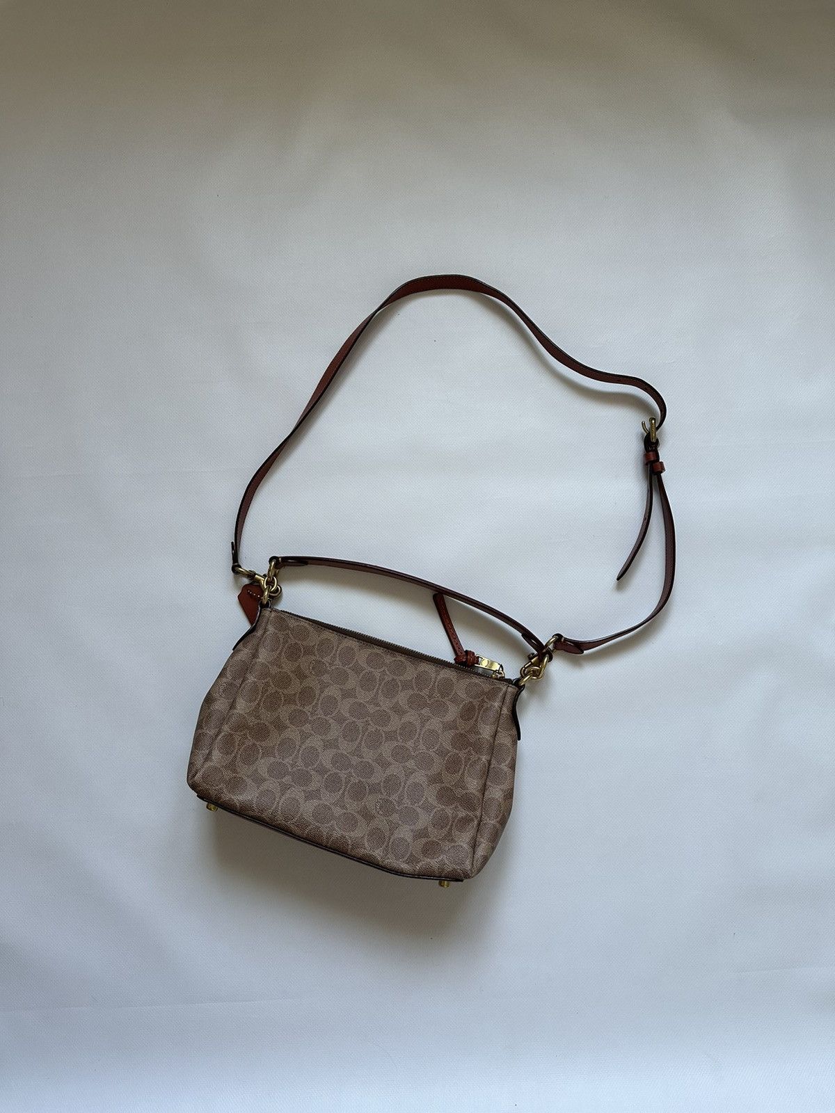 Coach Mini Crossbody Bag Leather Monogram Brown Beige