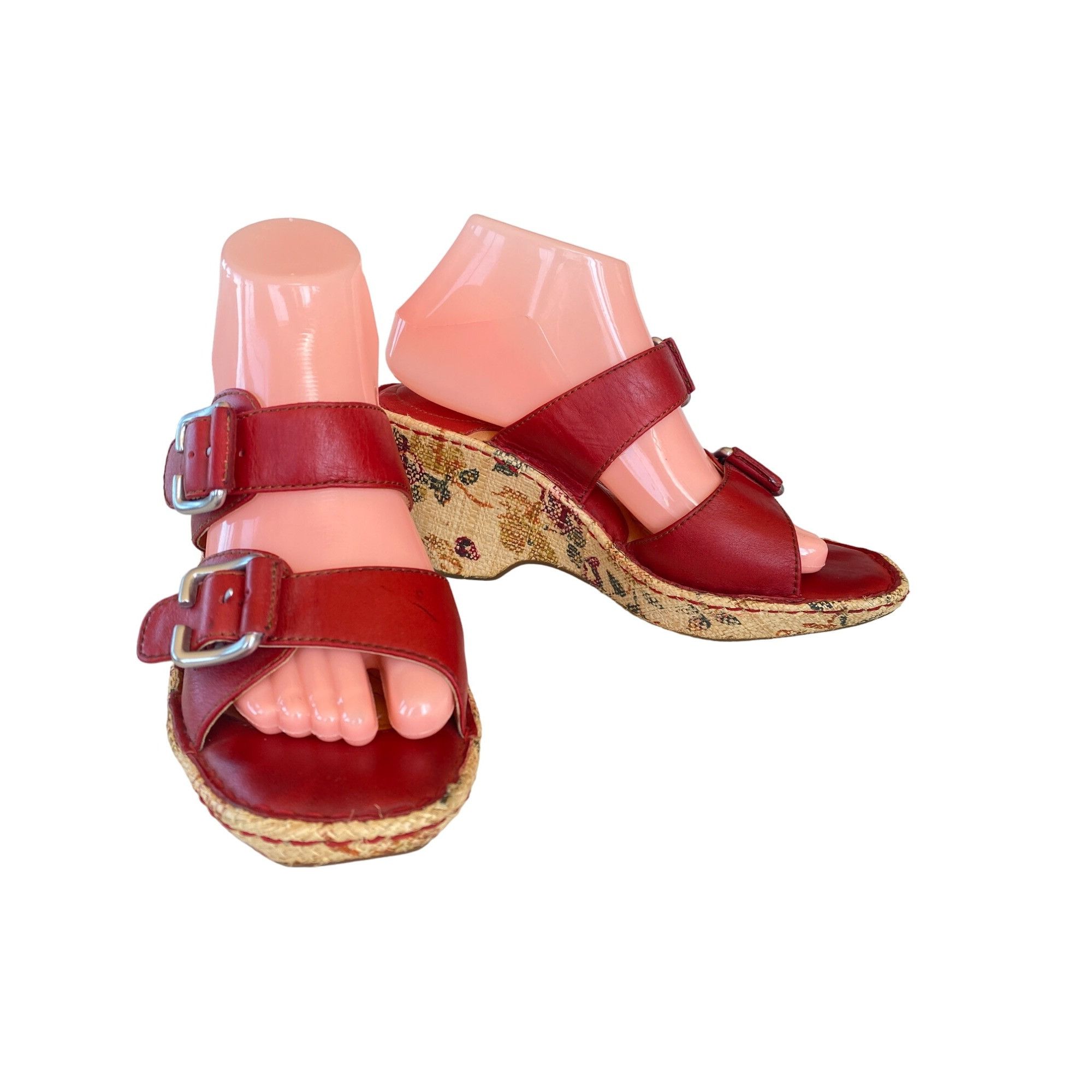 Other Born Red Leather Buckle Slip On Floral Wedge Sandals Women's Size US 9 / IT 39 - 1 Thumbnail