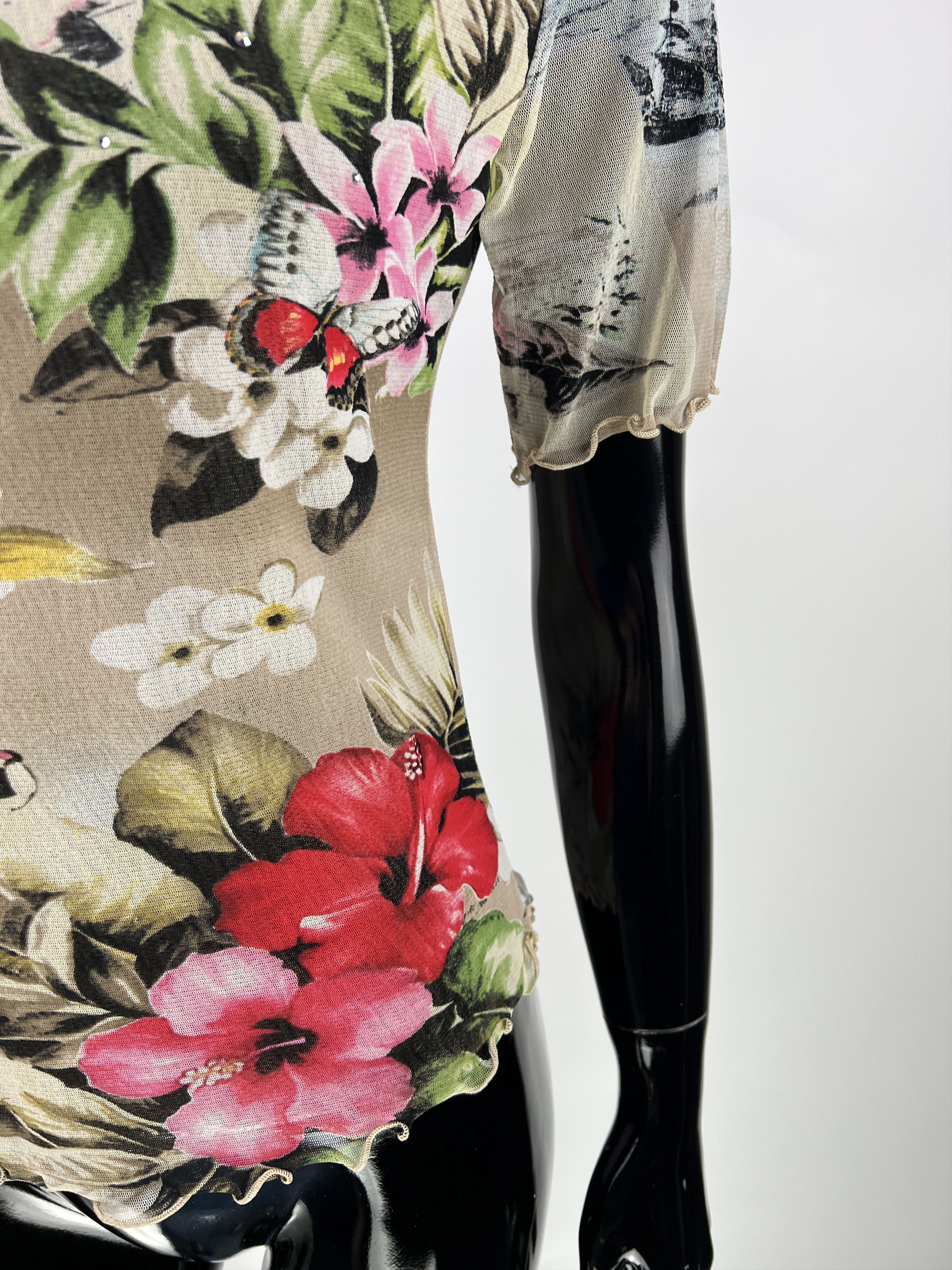 Designer Suzanna Paris Vtg Rhinestones Floral Print Mesh Top Size 3 Size L / US 10 / IT 46 - 12 Thumbnail