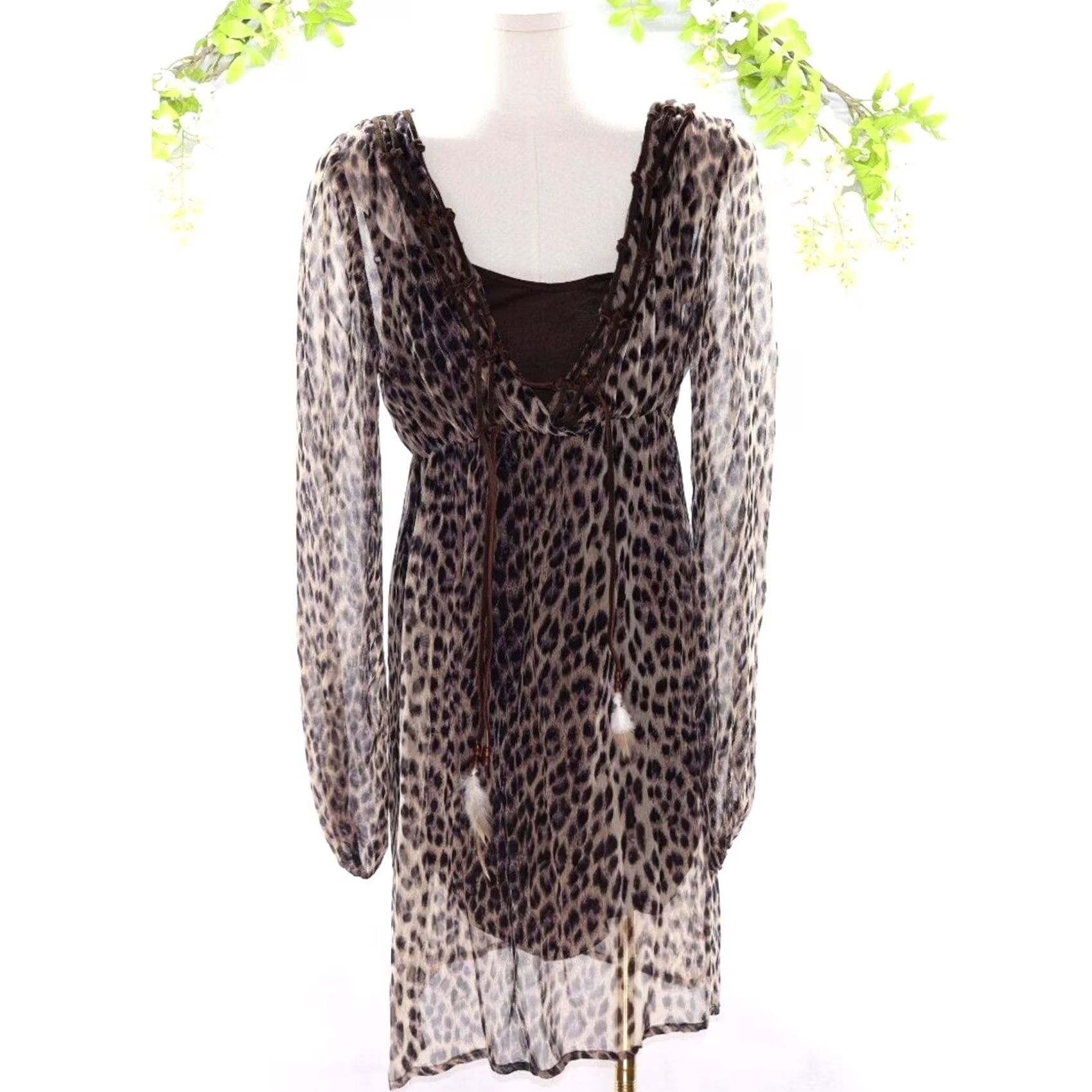 Vintage VINTAGE Buffalo Sheer Leopard Print Long Sleeve Dress Leather Detail S PS Petite Womens Size S / US 4 / IT 40 - 2 Thumbnail