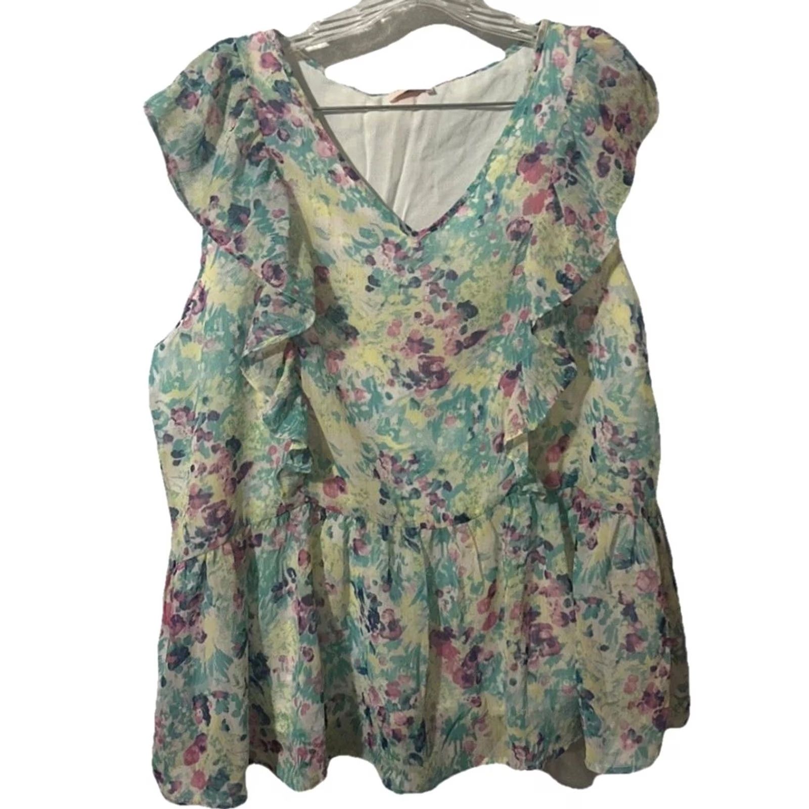CO Hailey & Co Blouse Sleeveless Floral V-Neck Ruffle 1X Multicolor Shirt Womens Summer Spring Size XL / US 12-14 / IT 48-50 - 2 Thumbnail
