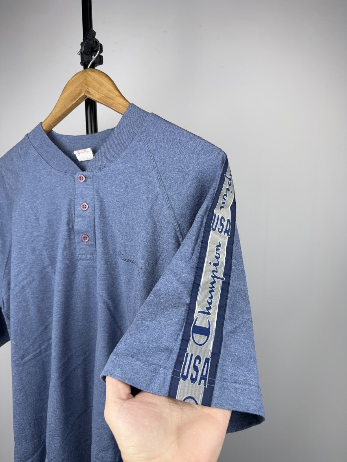 Champion 90s Vintage Champion USA Tape Sleeve Henley T-Shirt Blue Size US L / EU 52-54 / 3 - 3 Thumbnail
