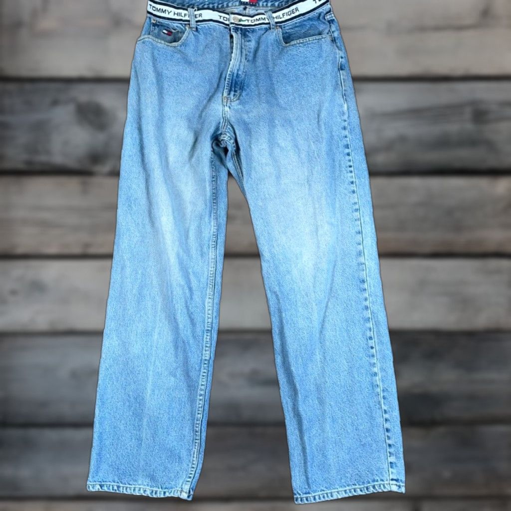 Tommy Hilfiger VINTAGE Tommy Hilfiger Straight Leg Jeans Mens 36 x 34 Light Blue Denim Spell Out 90s Hip Hop Size US 36 / EU 52 - 1 Thumbnail
