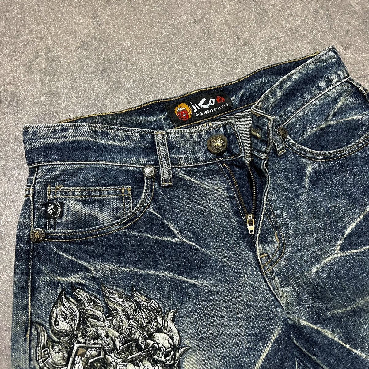 Japanese Brand Nippon Blue Jizo Bosatsu Skull Embroidery Whiskered Jeans Size US 30 / EU 46 - 3 Thumbnail