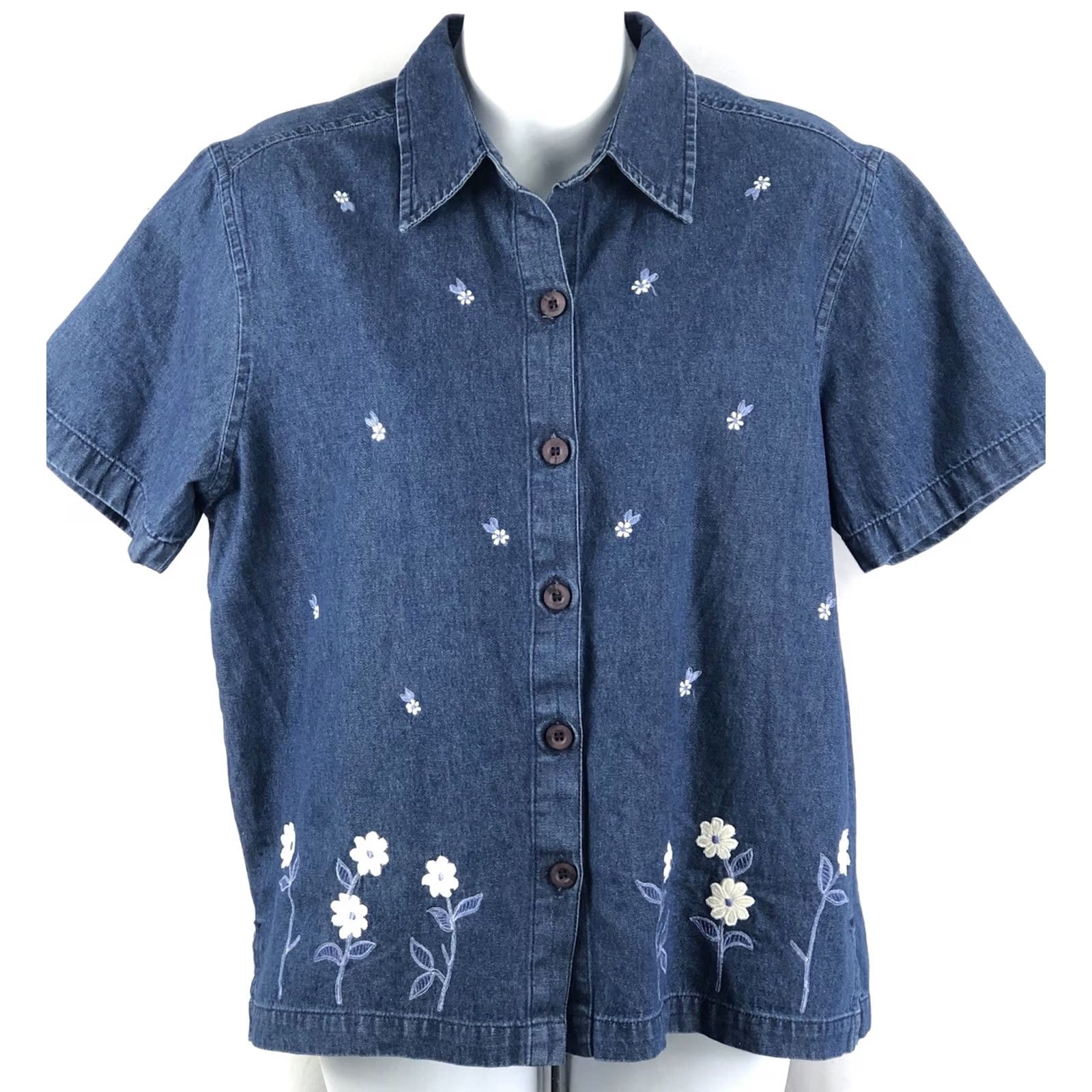 Denime VINTAGE mint julep Denim top Blouse Blue Short Sleeve Embroidered Chambray Cotton Casual Shirt Womens L 80s 90s Cottagecore Size L / US 10 / IT 46 - 5 Thumbnail