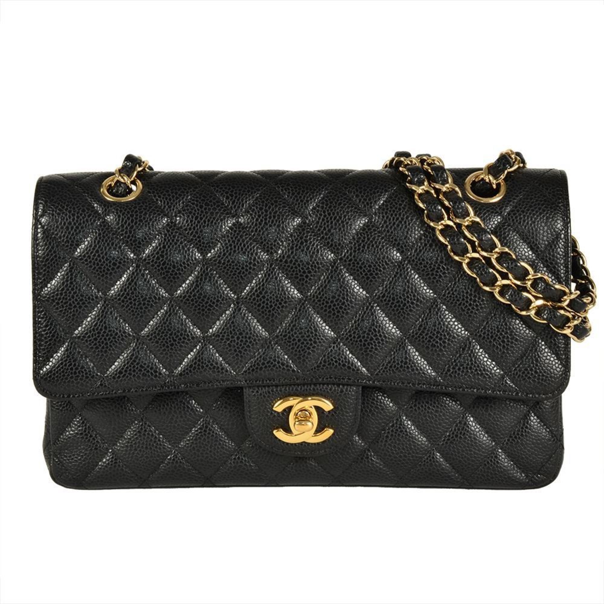 Chanel Matelasse 25 Shoulder Bag Caviar Skin A01112 Black 8-Digit 19-Series Chain Double Flap Women's